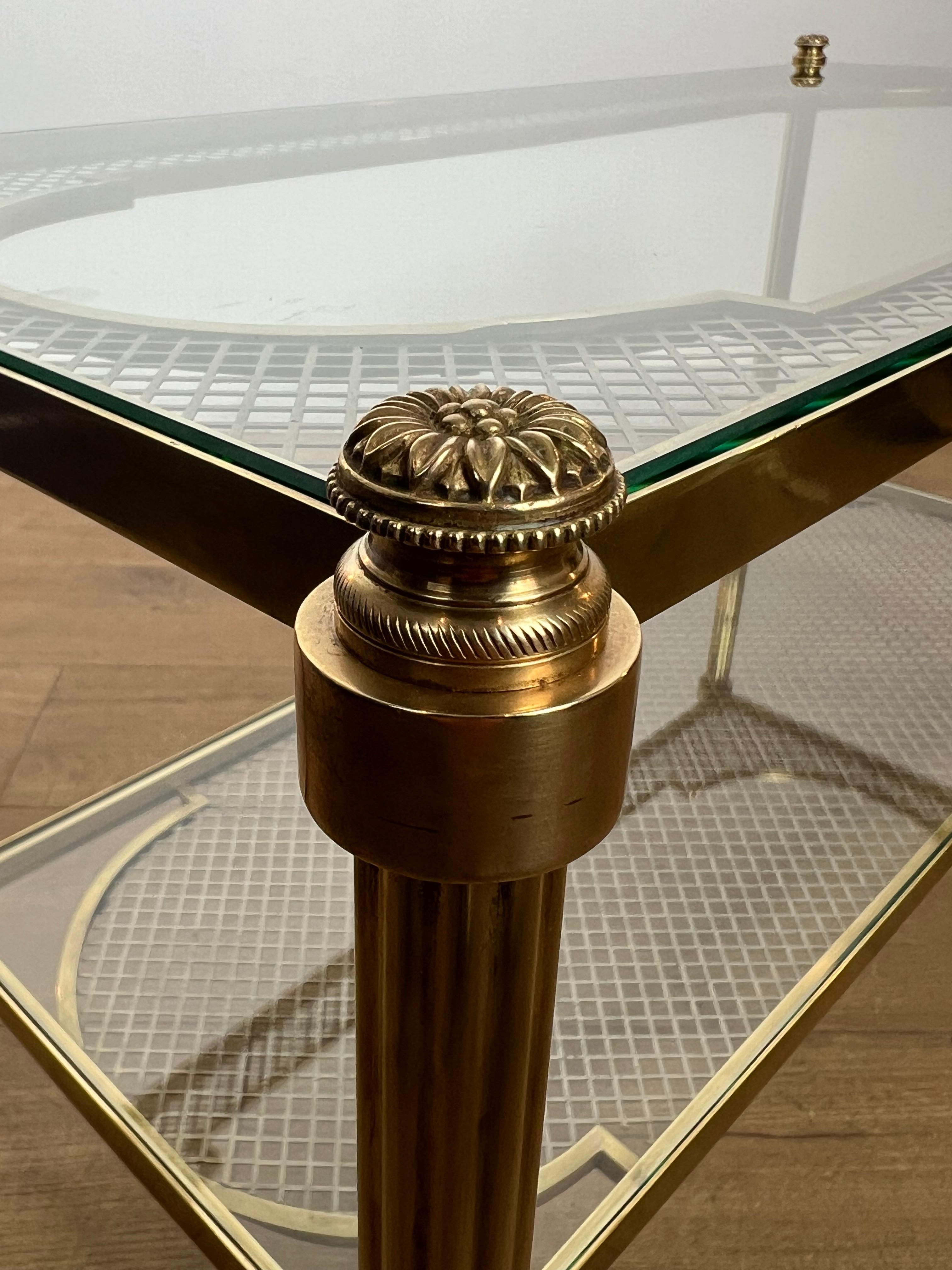 Rare Bronze and Brass Coffee Table with Two Tiers Glass Top resting on a Steel For Sale 13