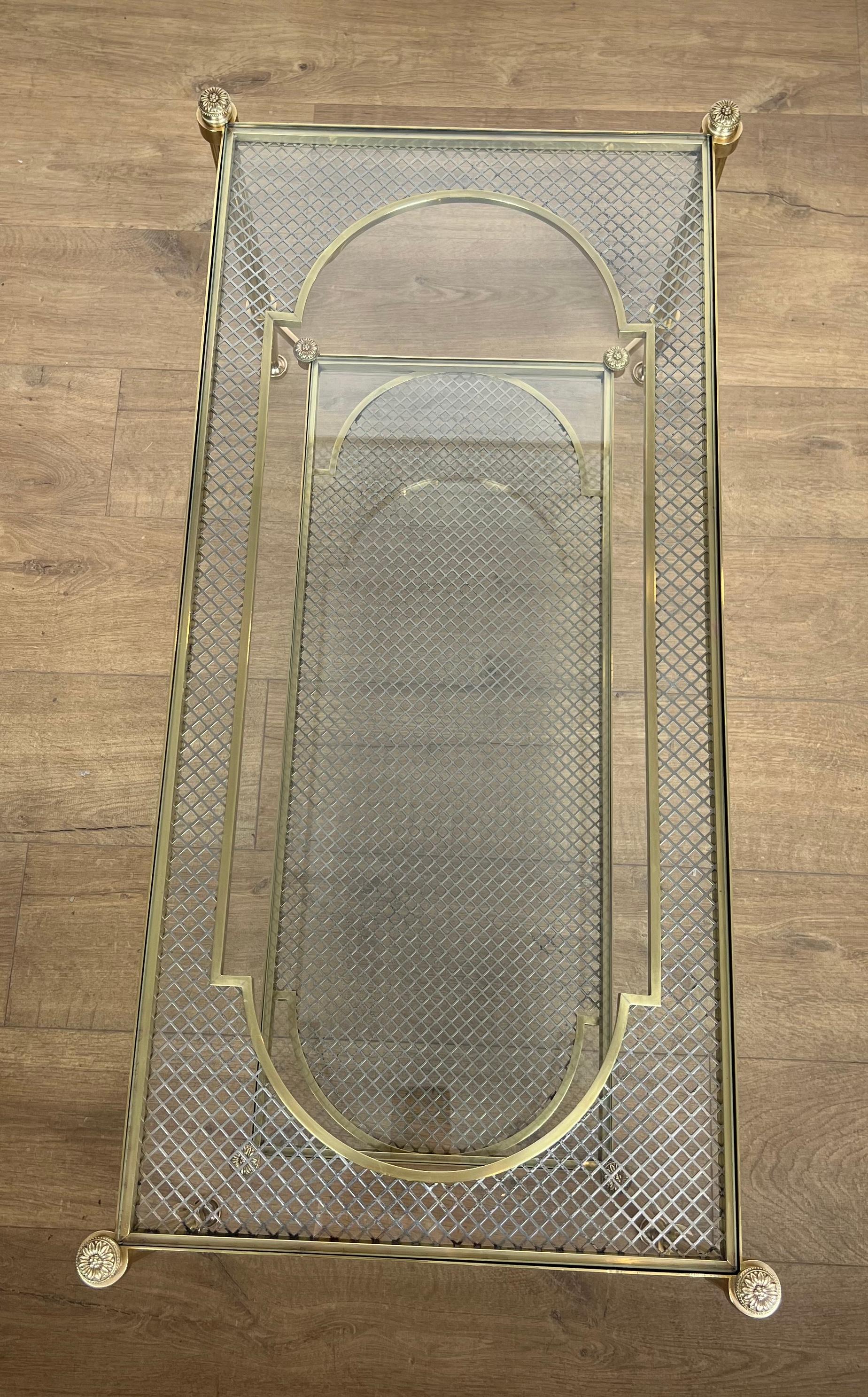Rare Bronze and Brass Coffee Table with Two Tiers Glass Top resting on a Steel For Sale 14
