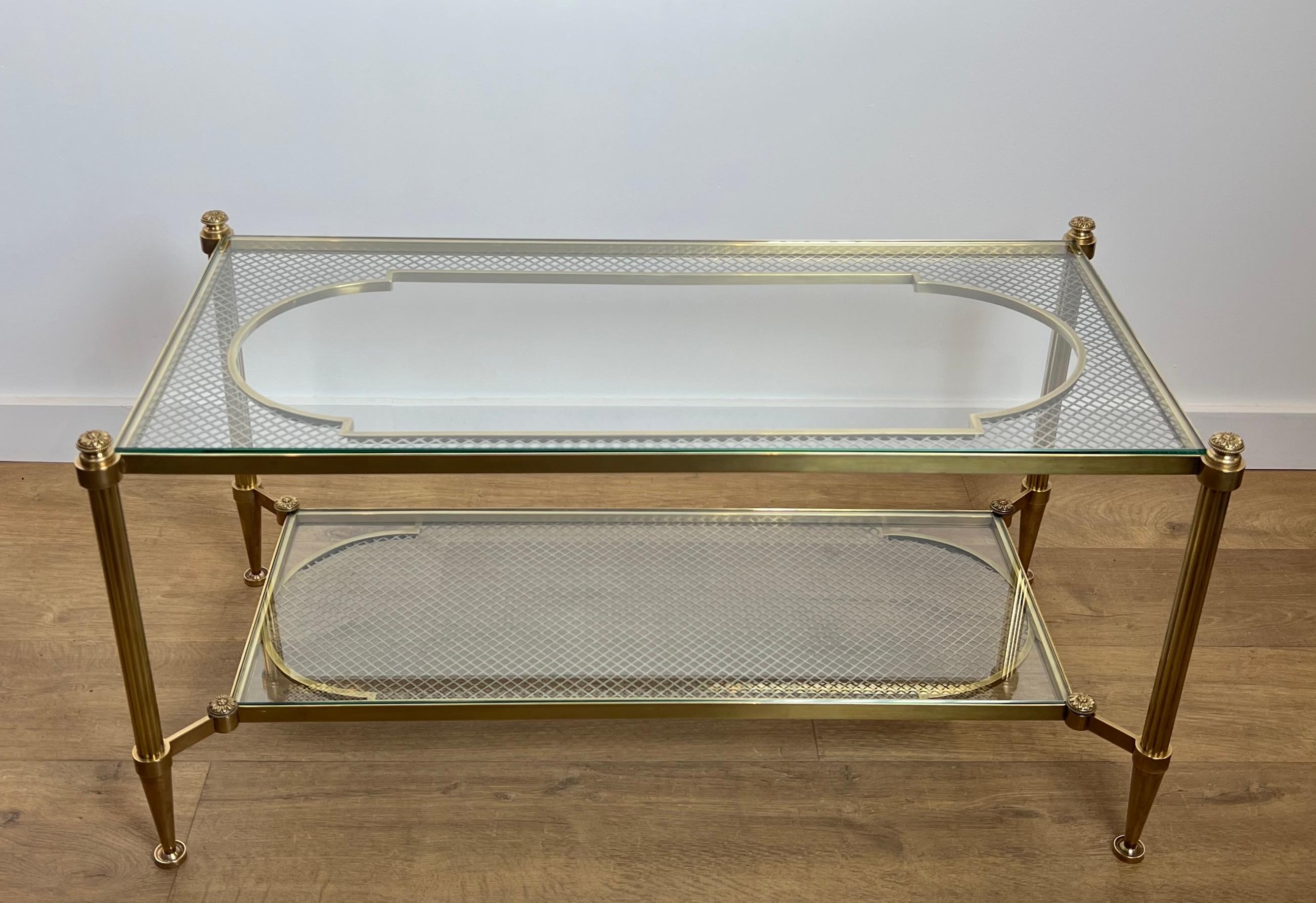 Neoclassical Rare Bronze and Brass Coffee Table with Two Tiers Glass Top resting on a Steel For Sale