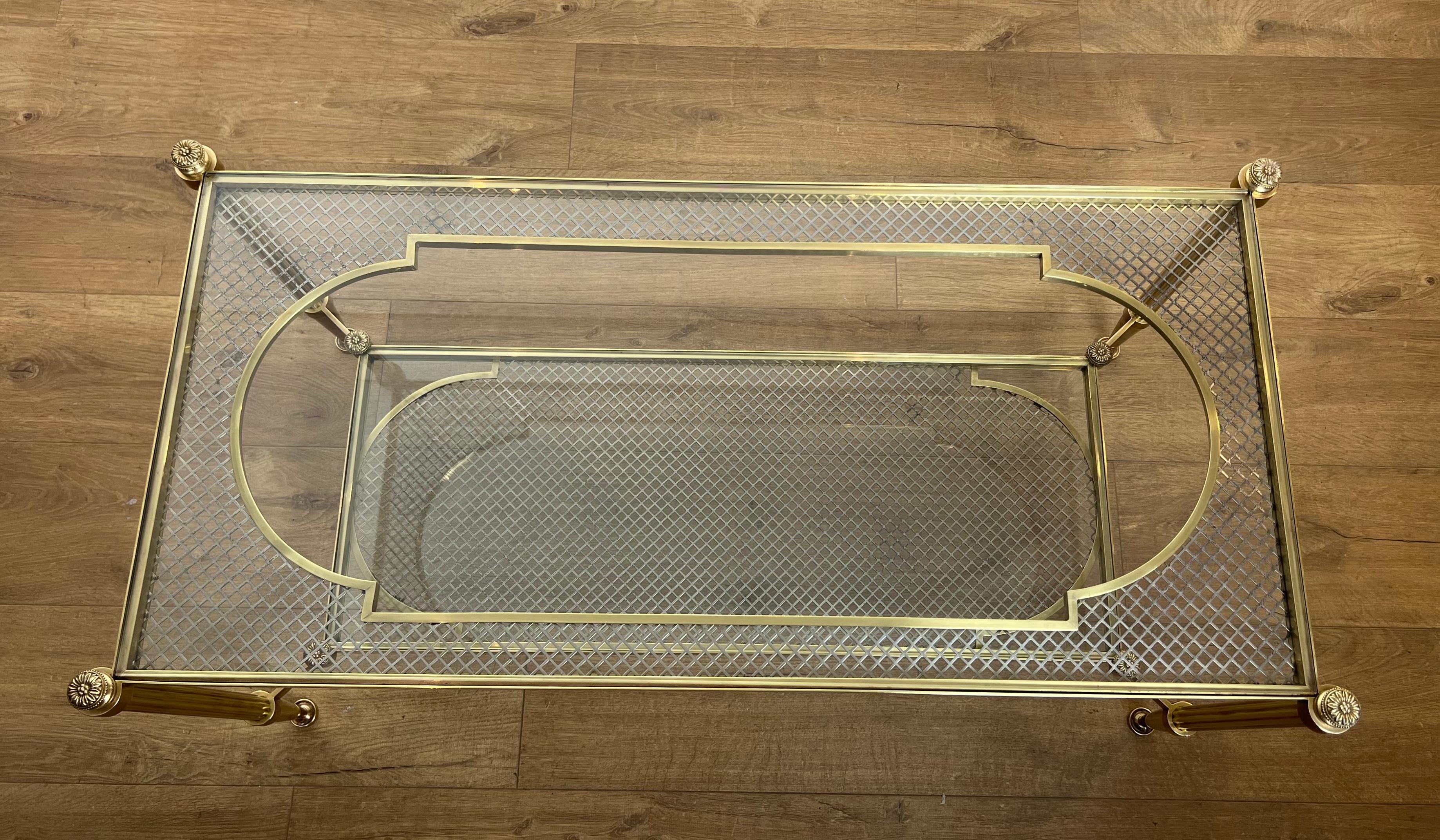French Rare Bronze and Brass Coffee Table with Two Tiers Glass Top resting on a Steel For Sale