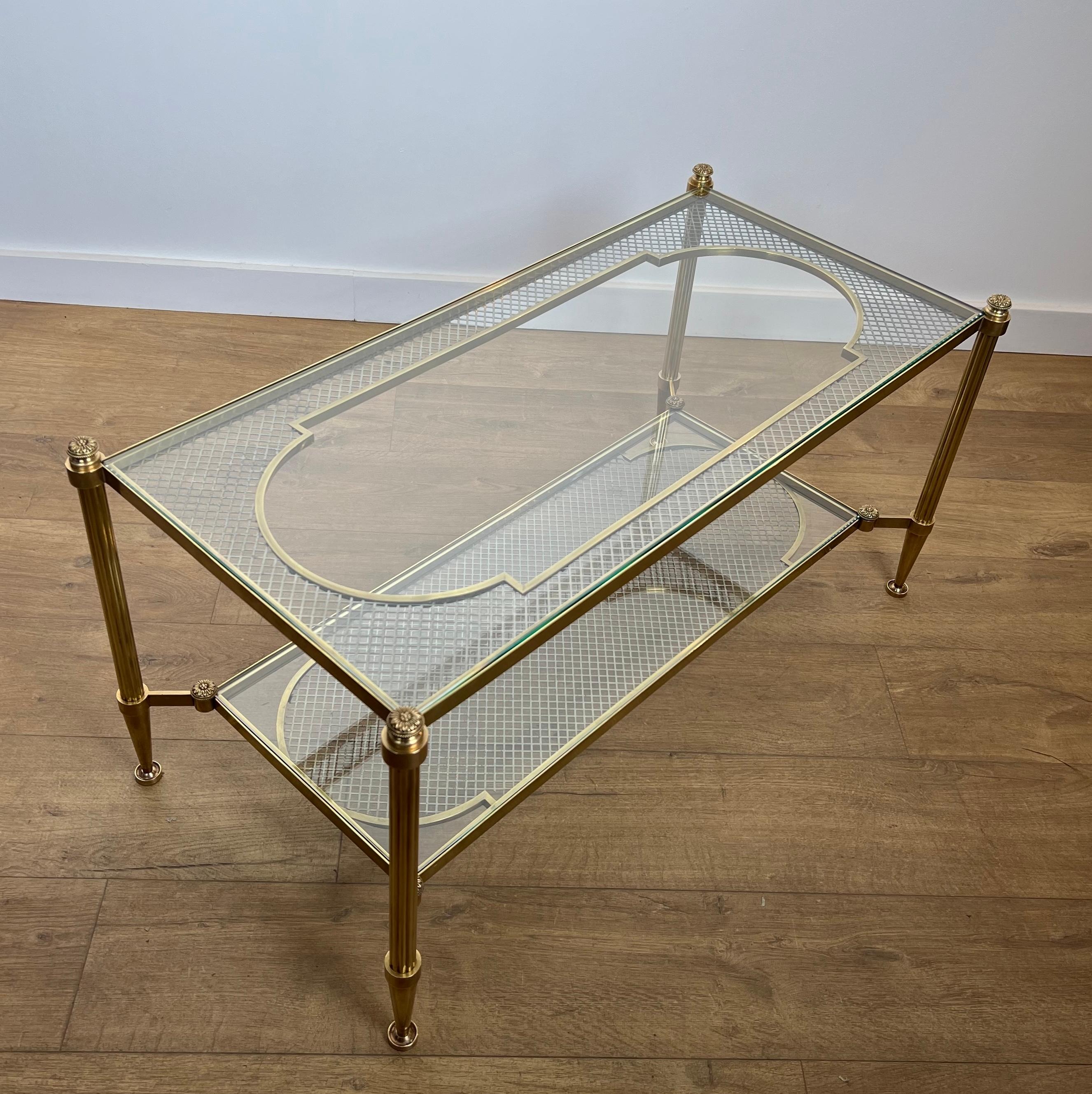 Rare Bronze and Brass Coffee Table with Two Tiers Glass Top resting on a Steel In Good Condition For Sale In Marcq-en-Barœul, Hauts-de-France