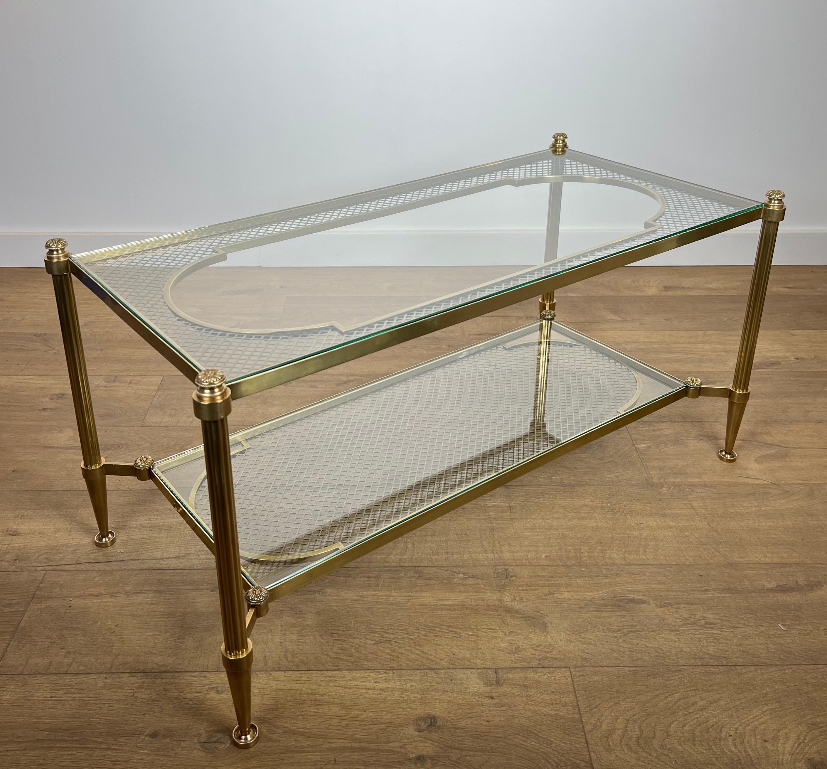 Mid-20th Century Rare Bronze and Brass Coffee Table with Two Tiers Glass Top resting on a Steel For Sale
