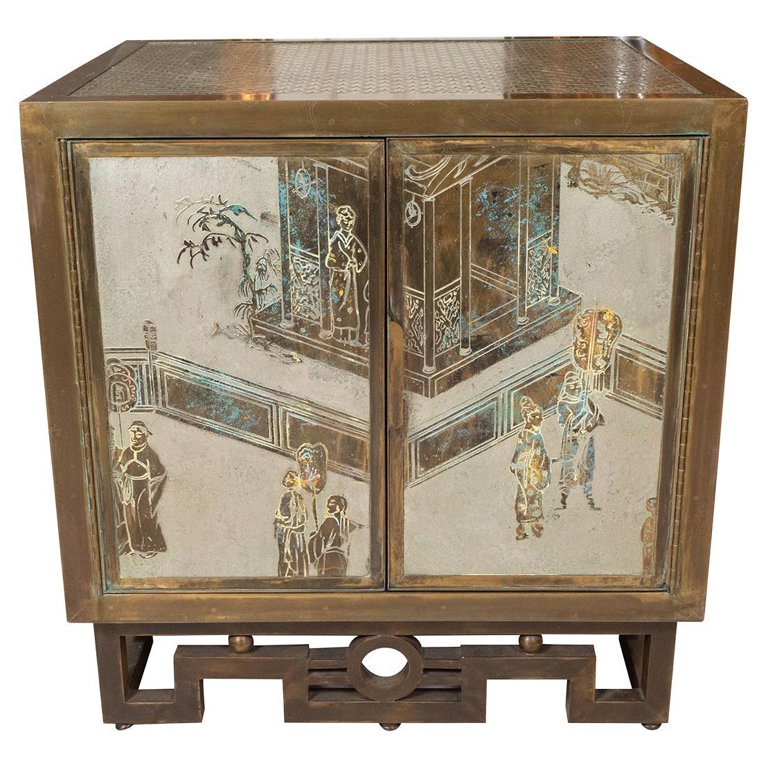 Rare meuble de rangement design "Chan" en bronze et étain de Philip et Kelvin LaVerne