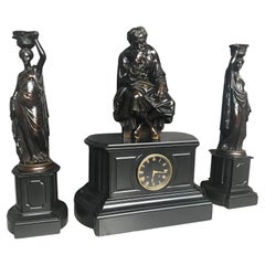 Seltenes Uhrenset aus Bronze und schwarzem Marmor von Deniere A. Paris, dem Philosophen, um 1860