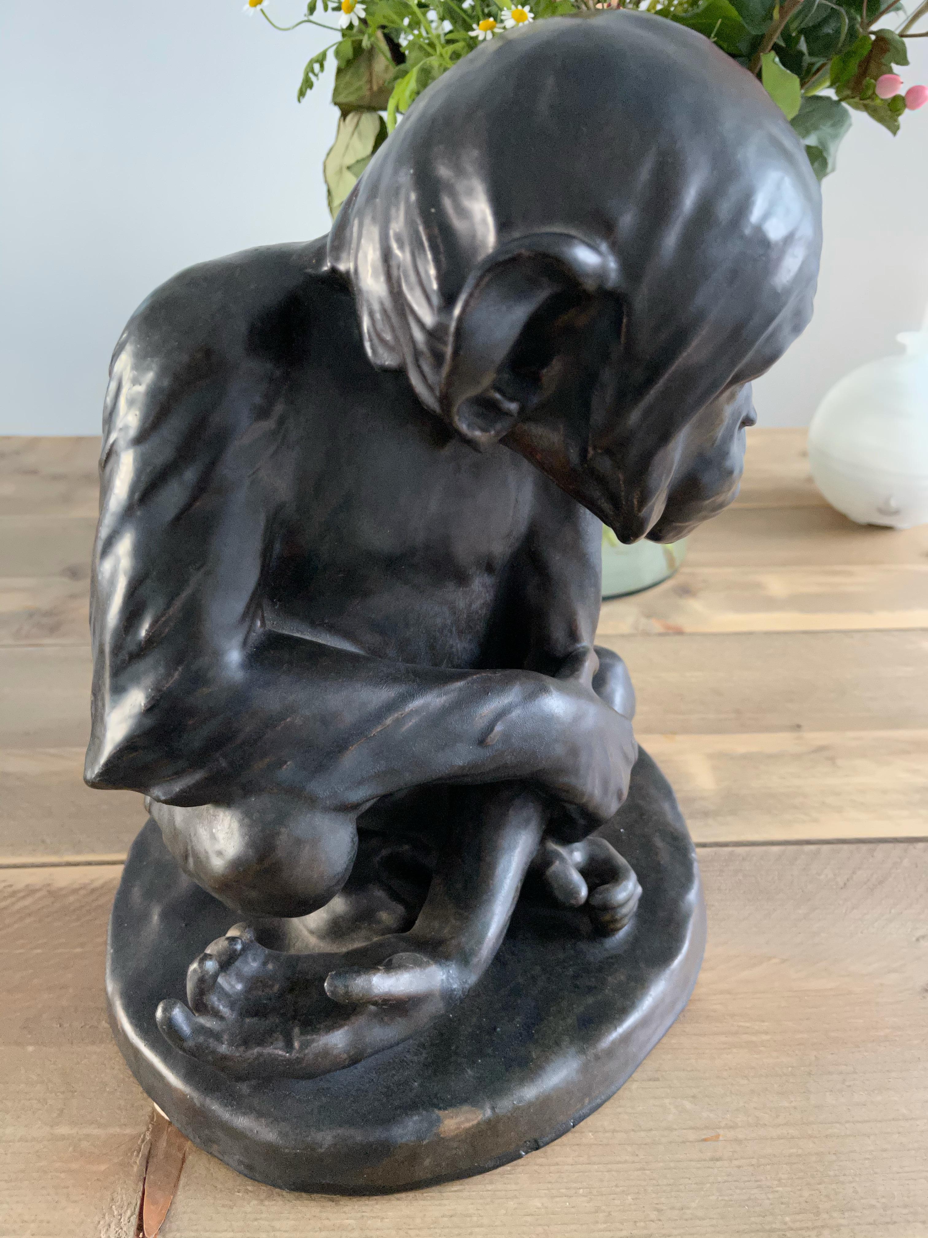 Rare Bronze Glazed Terracotta Chimpanzee Sculpture by Johannes Robert Korn, 1895 In Excellent Condition For Sale In Lisse, NL