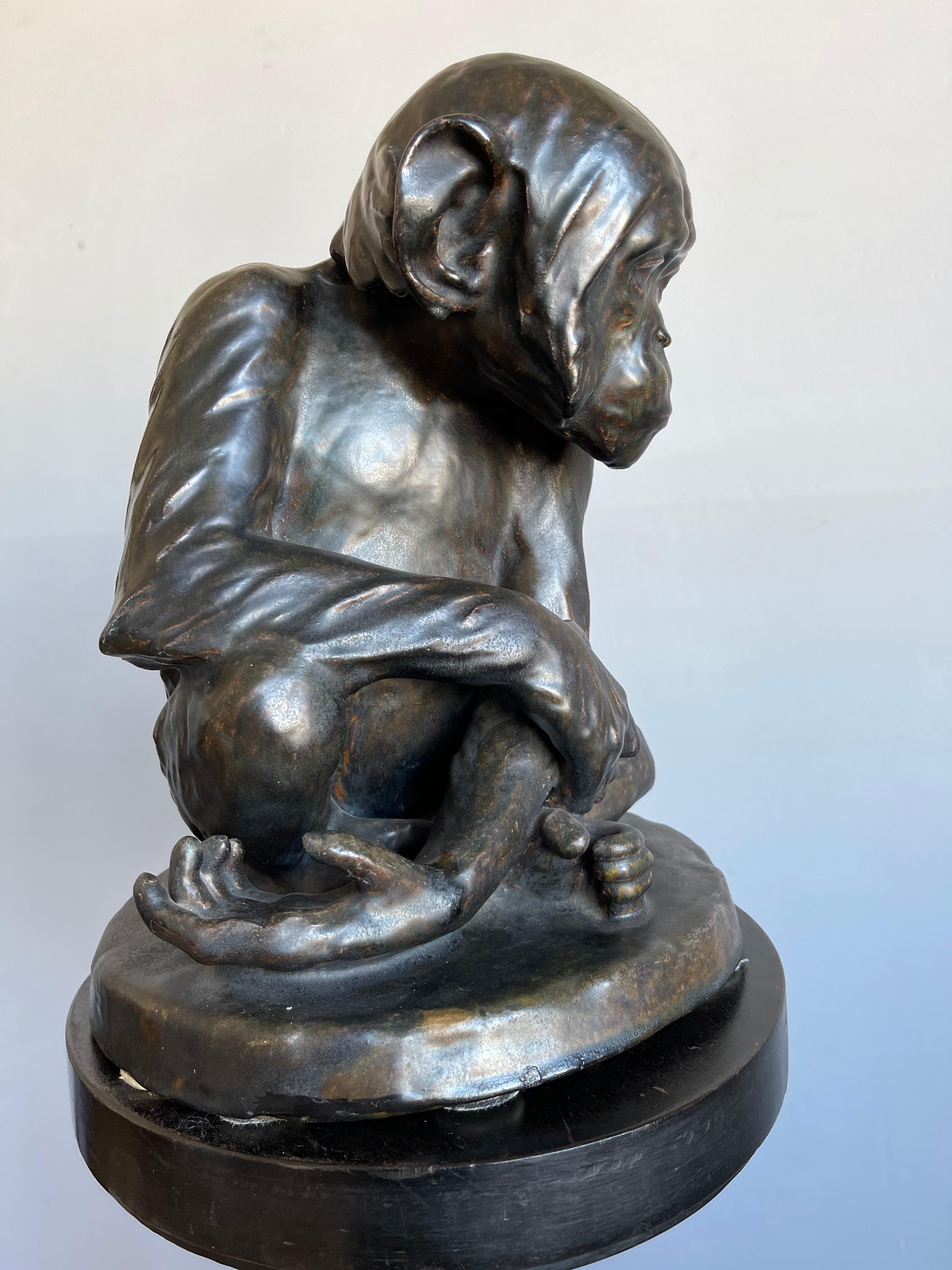 Rare Bronze Glazed Terracotta Chimpanzee Sculpture by Johannes Robert Korn, 1895 For Sale 8