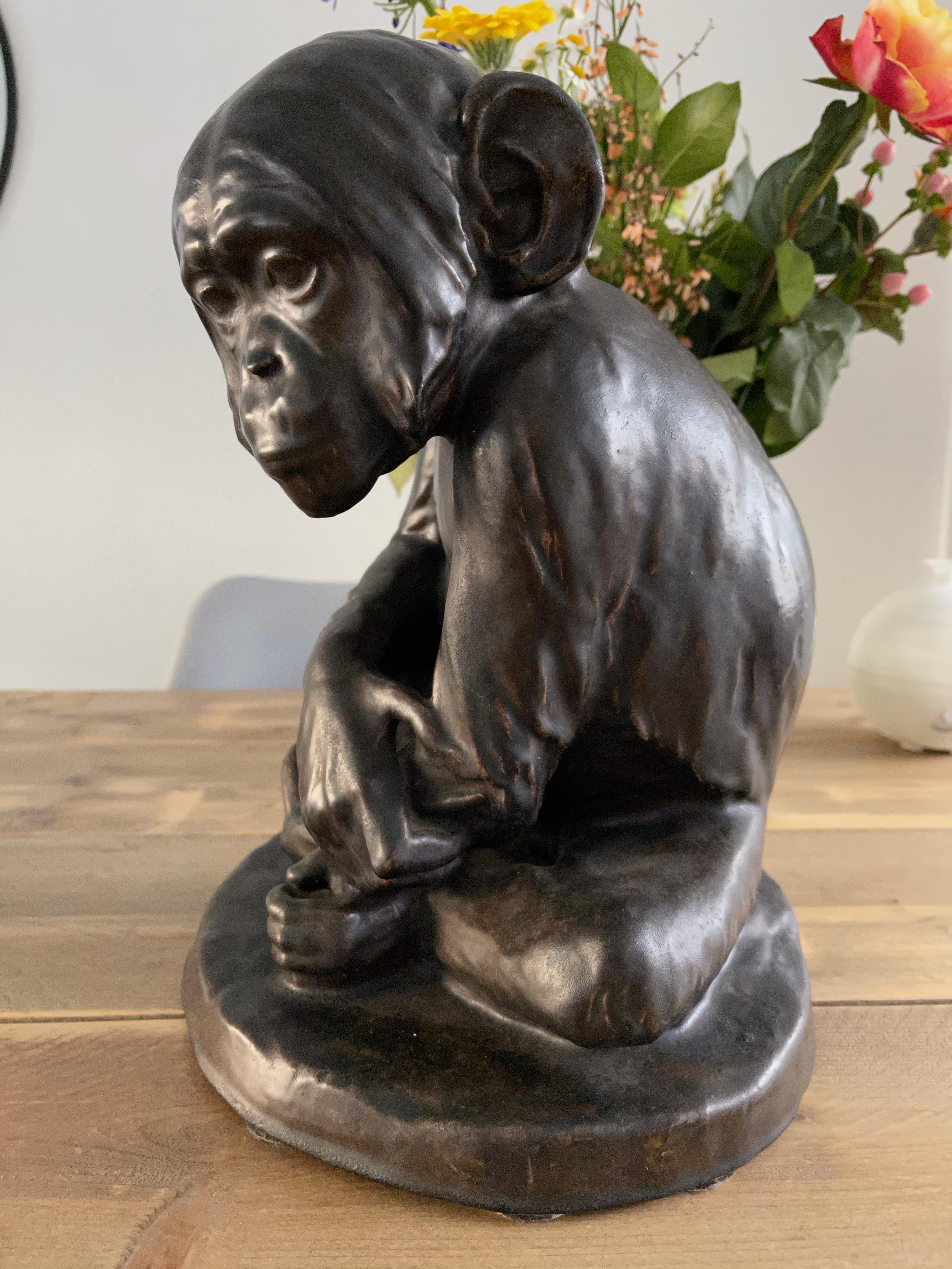 Rare Bronze Glazed Terracotta Chimpanzee Sculpture by Johannes Robert Korn, 1895 For Sale 3