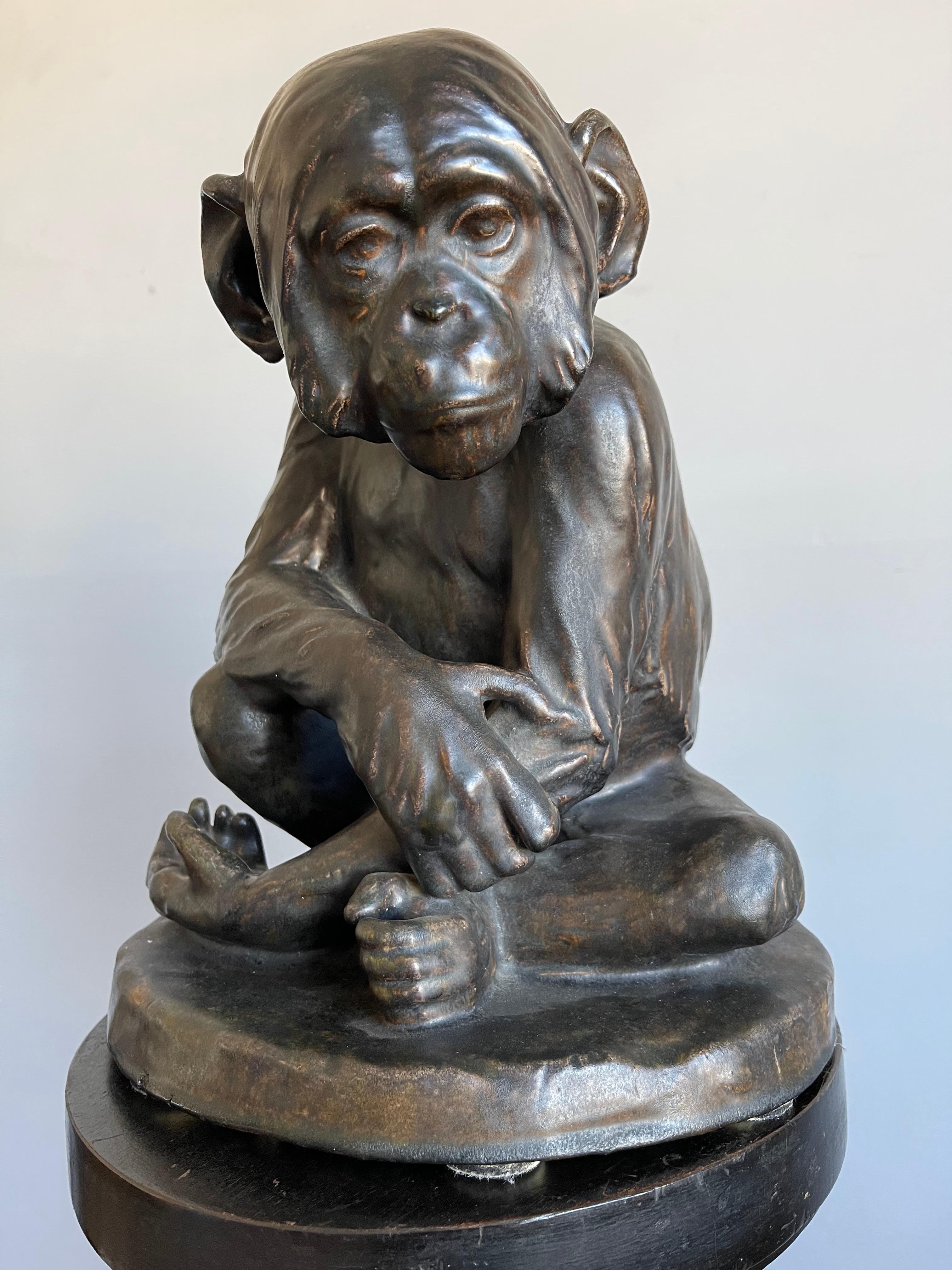 Wonderful and large original antique sculpture of a beautiful chimpanzee / ape.

Over the years we have owned and sold a fair number of beautiful quality sculptures in all kinds of materials, but we never had the pleasure of offering a sculpture as