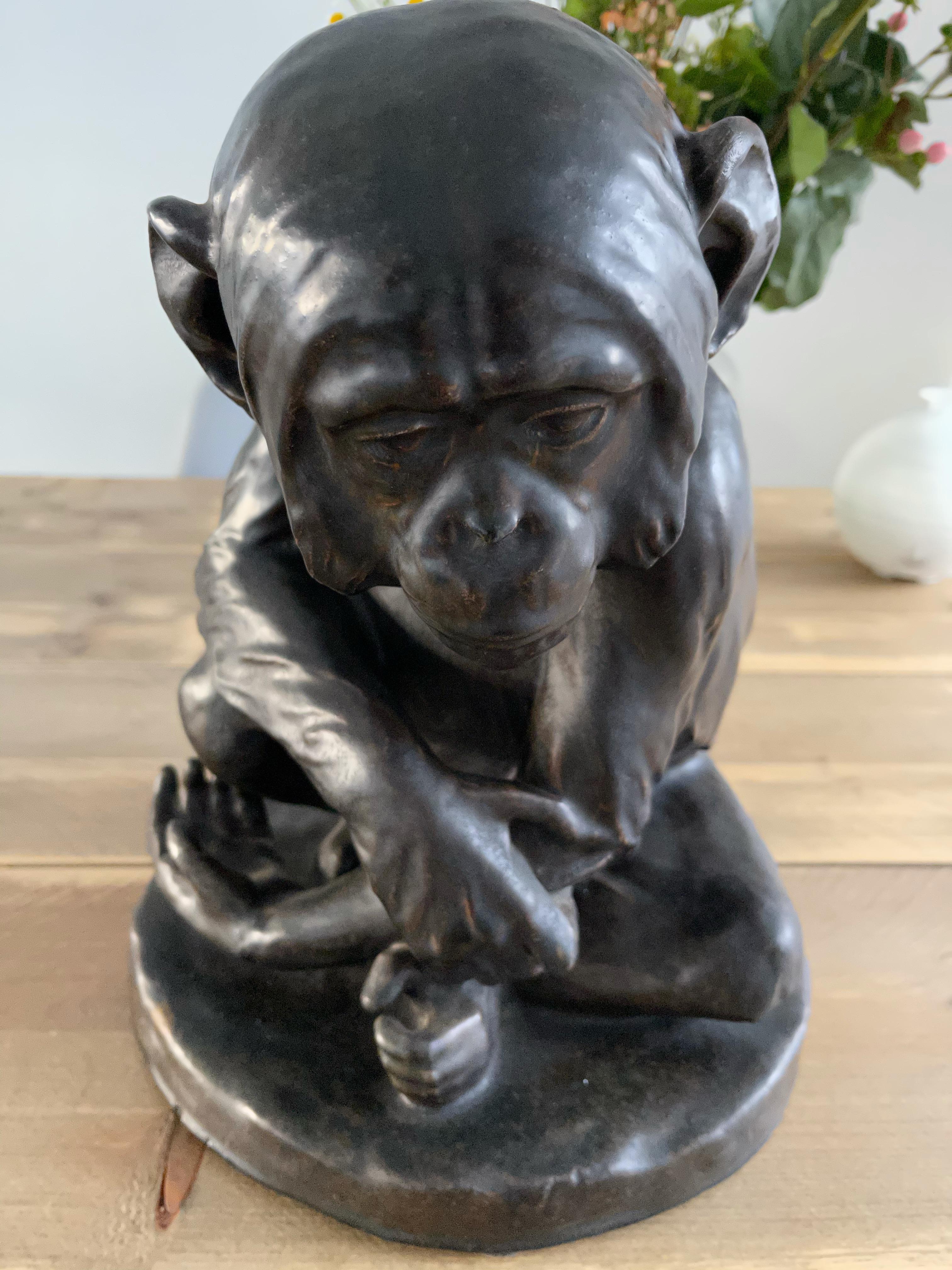 Arts and Crafts Rare Bronze Glazed Terracotta Chimpanzee Sculpture by Johannes Robert Korn, 1895 For Sale