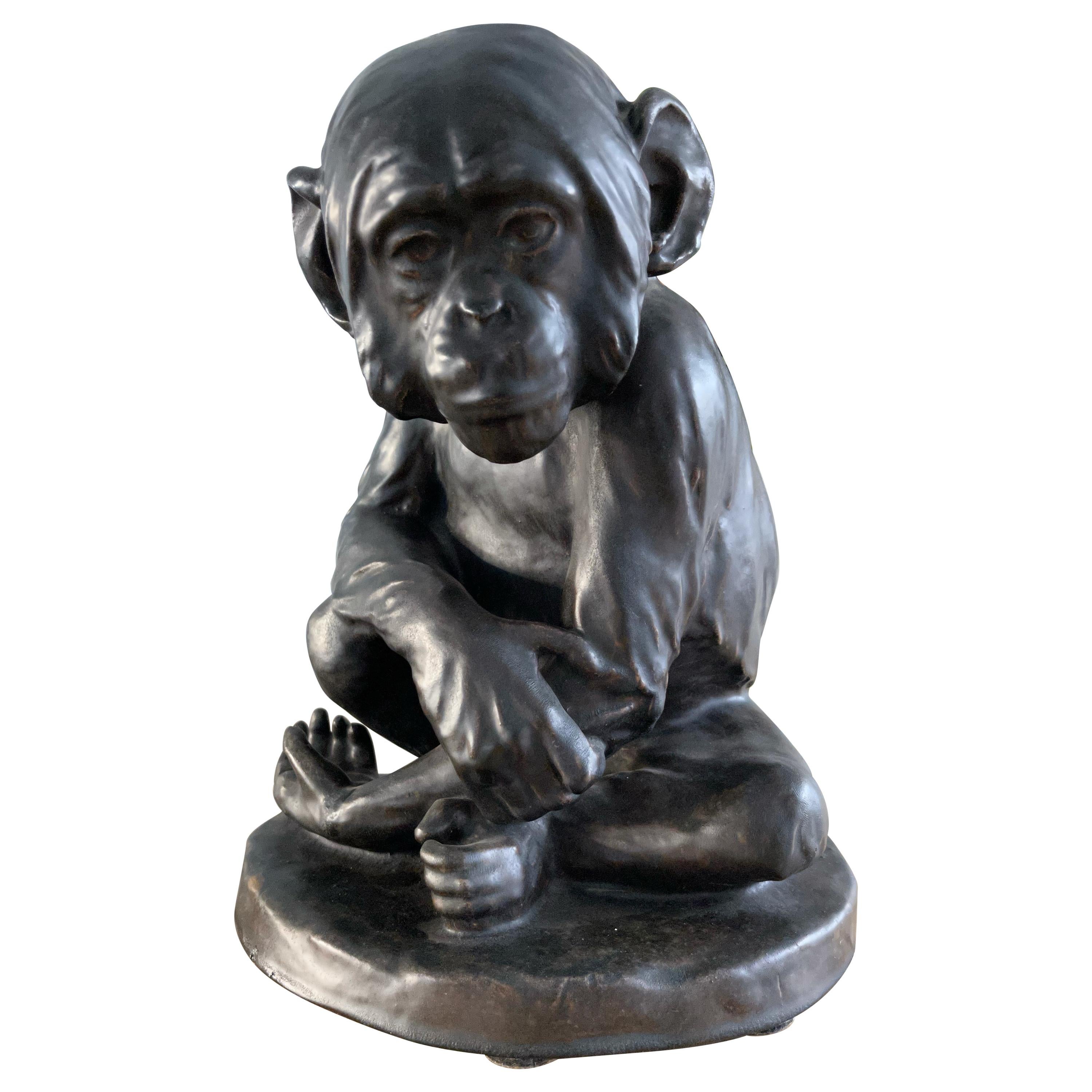 Rare Bronze Glazed Terracotta Chimpanzee Sculpture by Johannes Robert Korn, 1895 For Sale