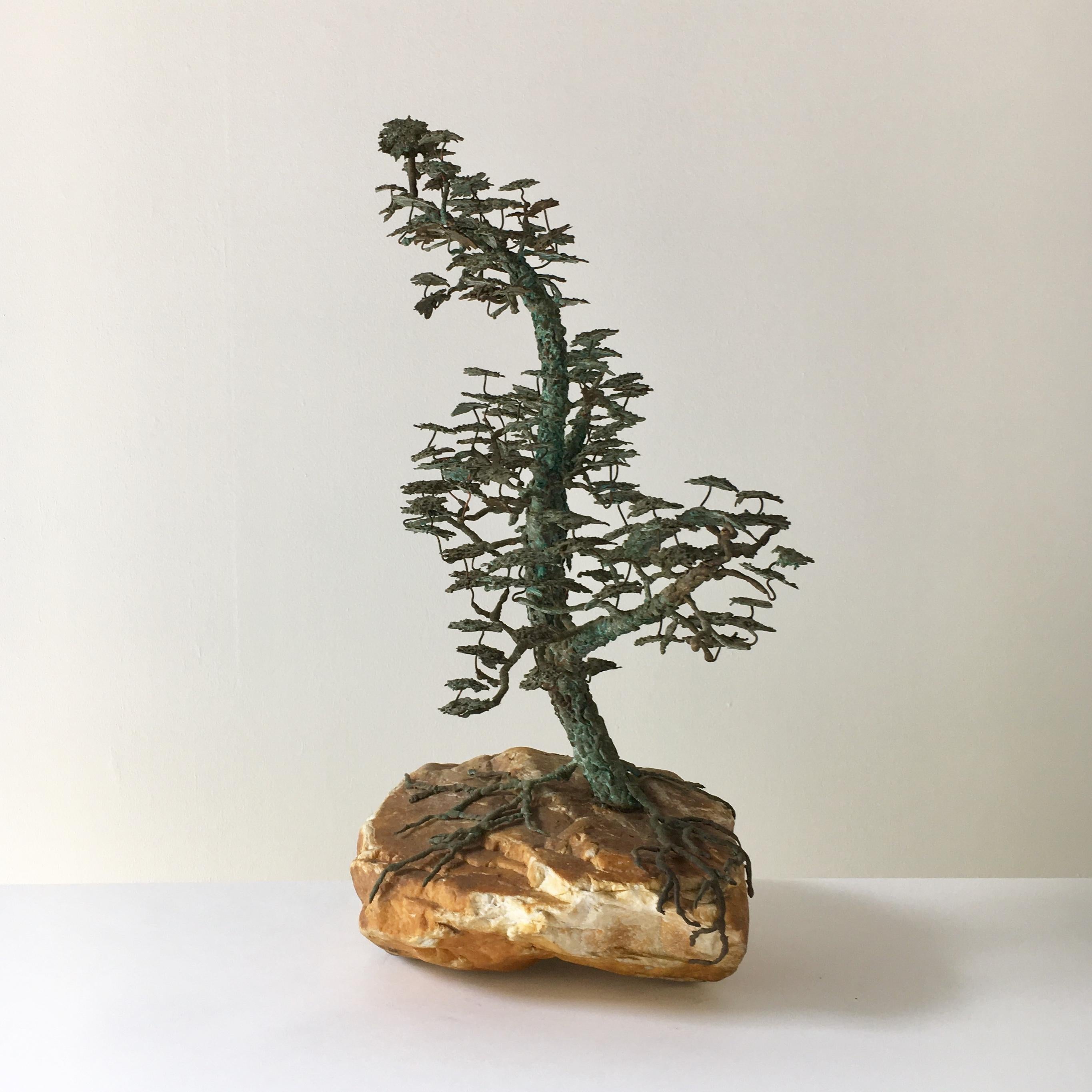 A rare table sculpture in bronze of a bonsai tree in full leaf mounted on a sand stone coloured rocky base with the abundant roots enveloping it in a naturalistic manner mid-1960s.

Bonsai started in Japan in the 6th century. Bonsai or the art of