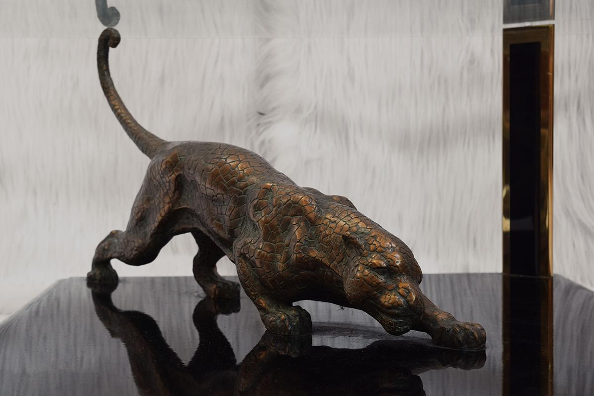 Hollywood Regency Rare Bronze Sculptural Panther and Brass Coffee table by Nicola Voci, 1970s For Sale