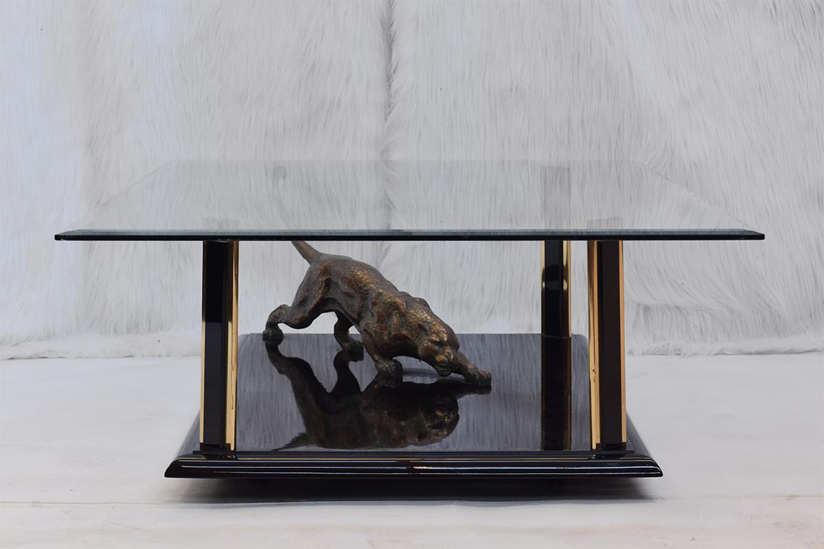 Italian Rare Bronze Sculptural Panther and Brass Coffee table by Nicola Voci, 1970s For Sale
