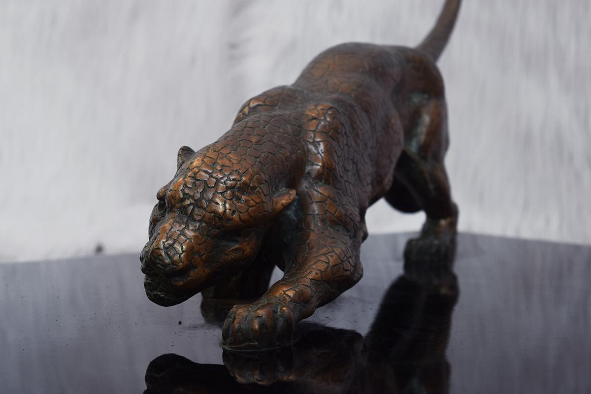 Late 20th Century Rare Bronze Sculptural Panther and Brass Coffee table by Nicola Voci, 1970s For Sale