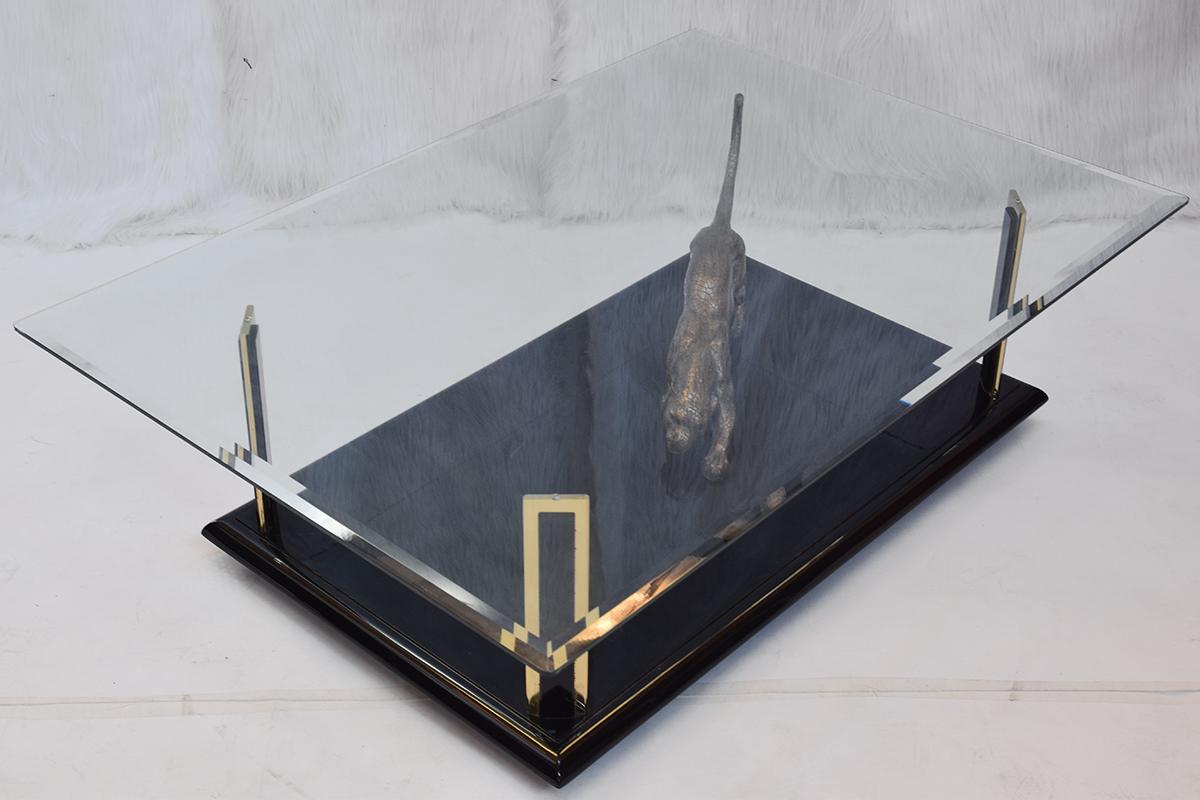 Rare Bronze Sculptural Panther and Brass Coffee table by Nicola Voci, 1970s For Sale 1