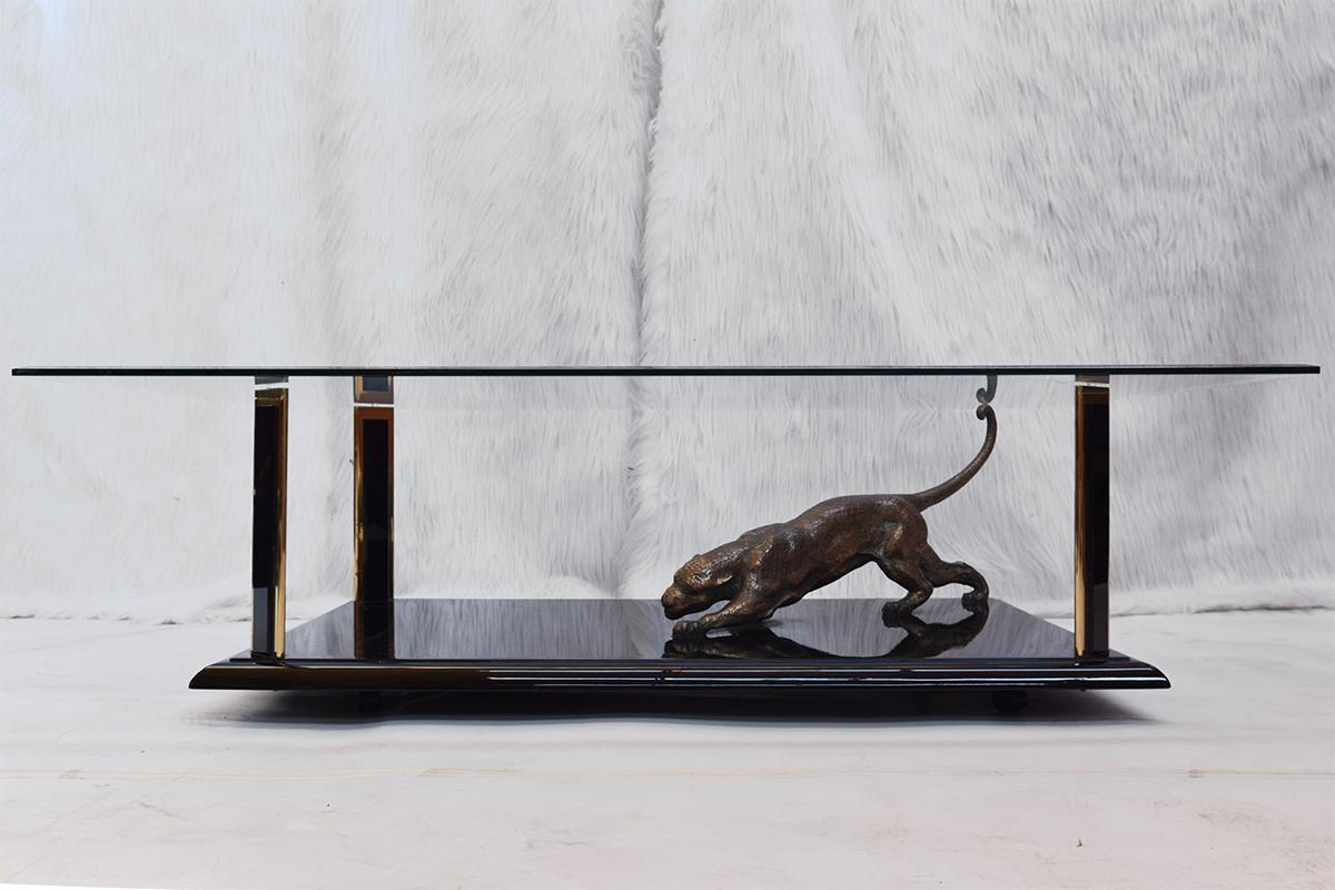 Rare Bronze Sculptural Panther and Brass Coffee table by Nicola Voci, 1970s For Sale 2