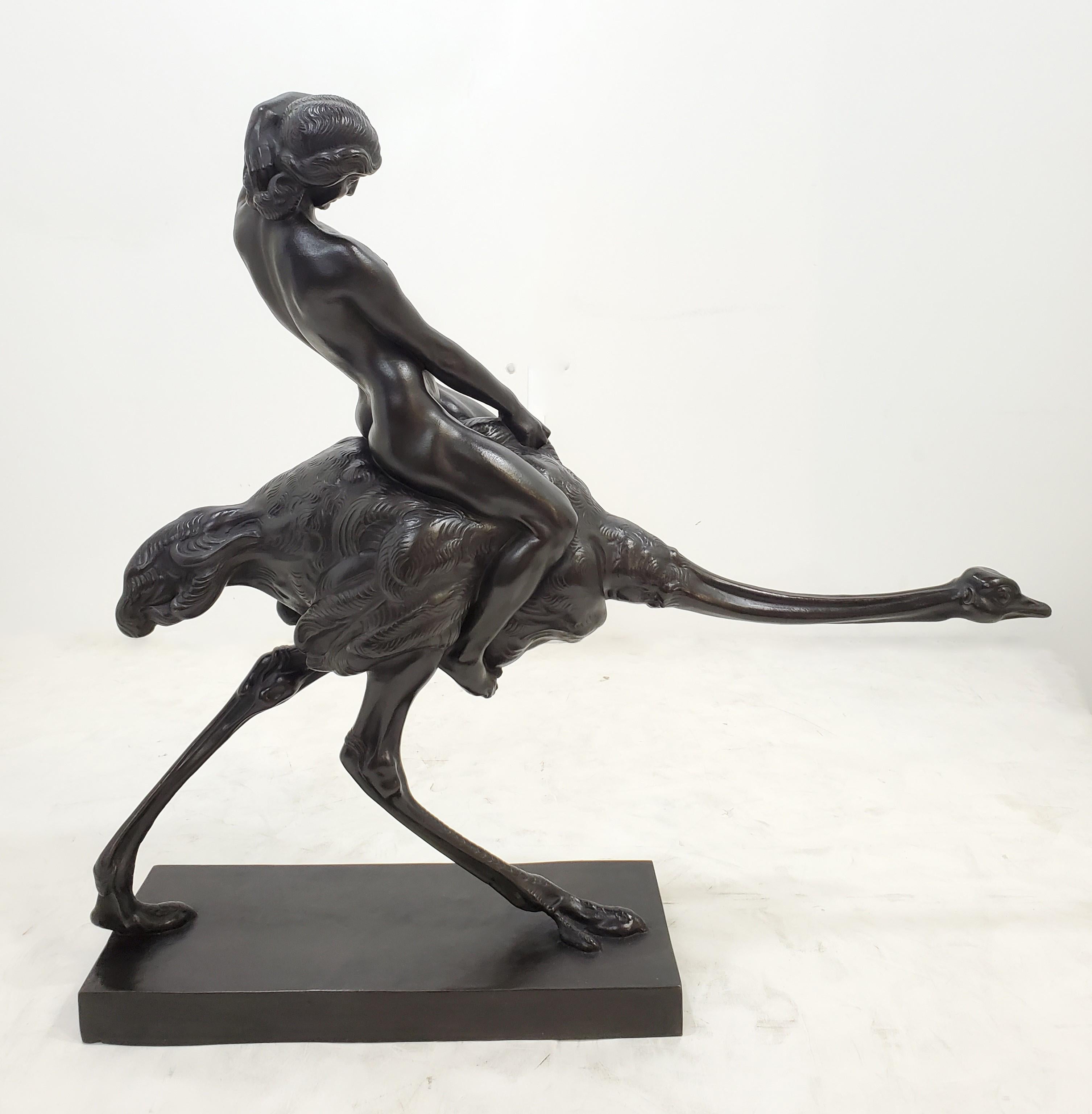 Rare Bronze Sculpture of a Woman Riding an Ostrich Signed Ferdinand Liebermann 9