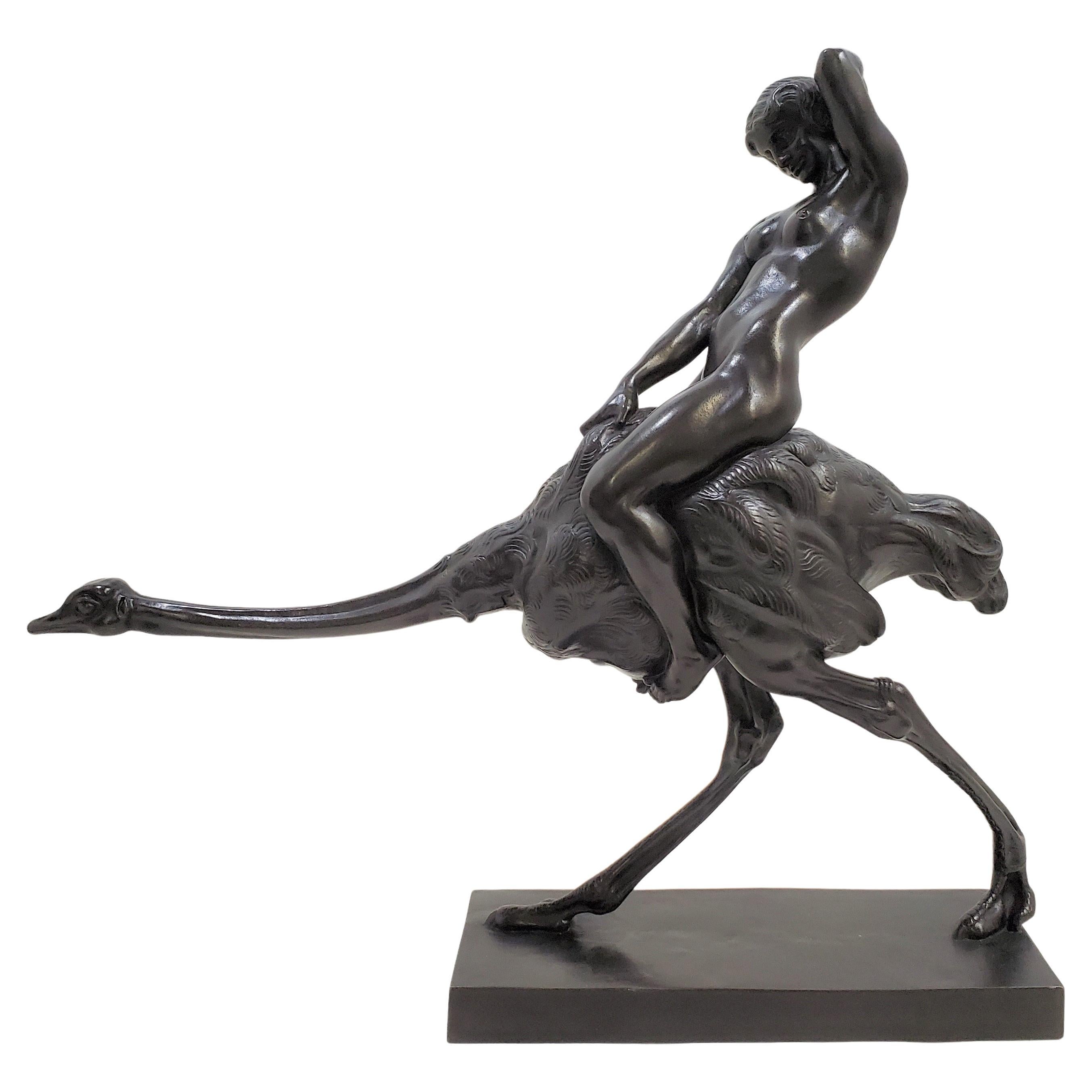 Rare Bronze Sculpture of a Woman Riding an Ostrich Signed Ferdinand Liebermann