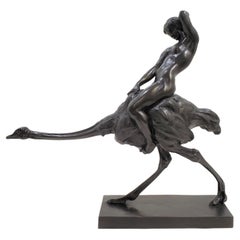 Rare Bronze Sculpture of a Woman Riding an Ostrich Signed Ferdinand Liebermann