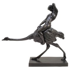 Antique Rare Bronze Sculpture of a Woman Riding an Ostrich Signed Ferdinand Liebermann