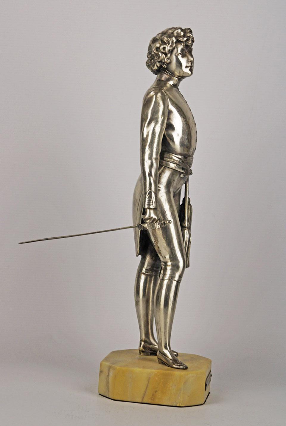 Metalwork Spelter Statue of Sarah Bernhardt as Napoleon II in L' Aiglon with Marble Base For Sale