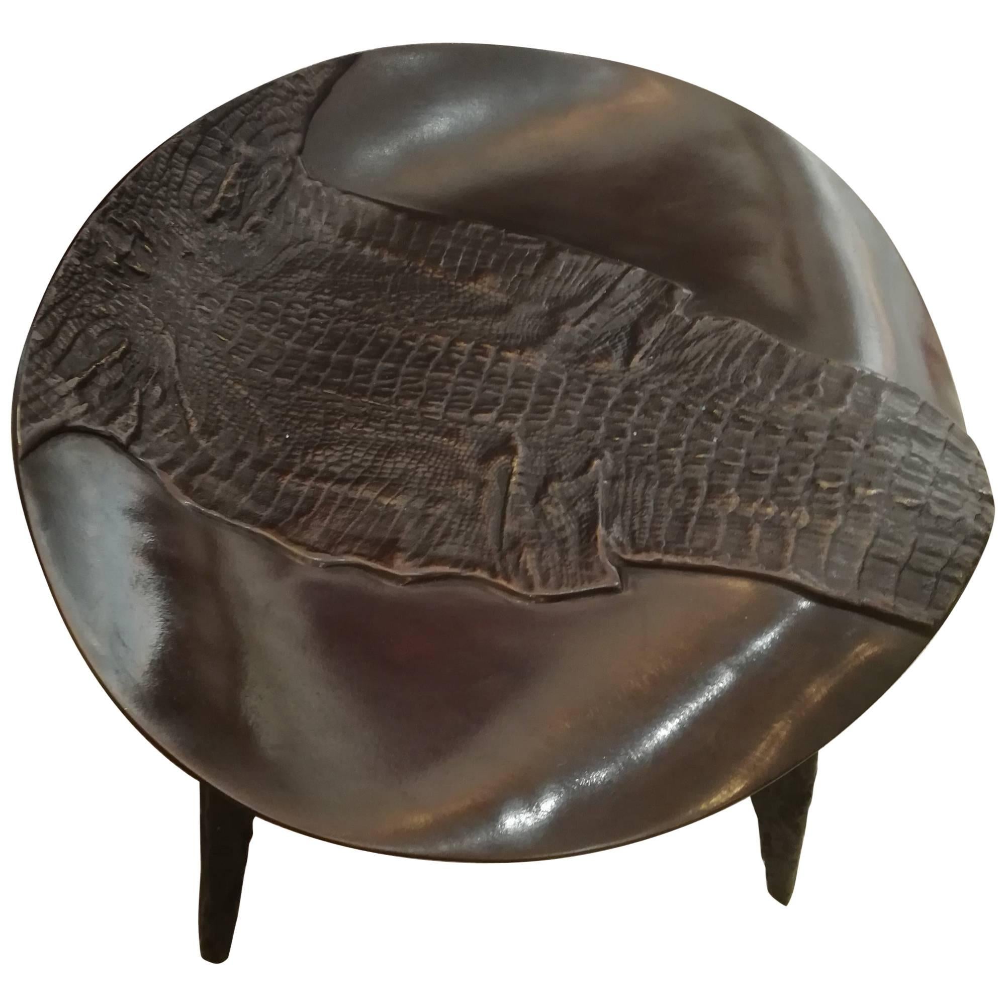 Rare Bronze Stool Top Depicting a Crocodile