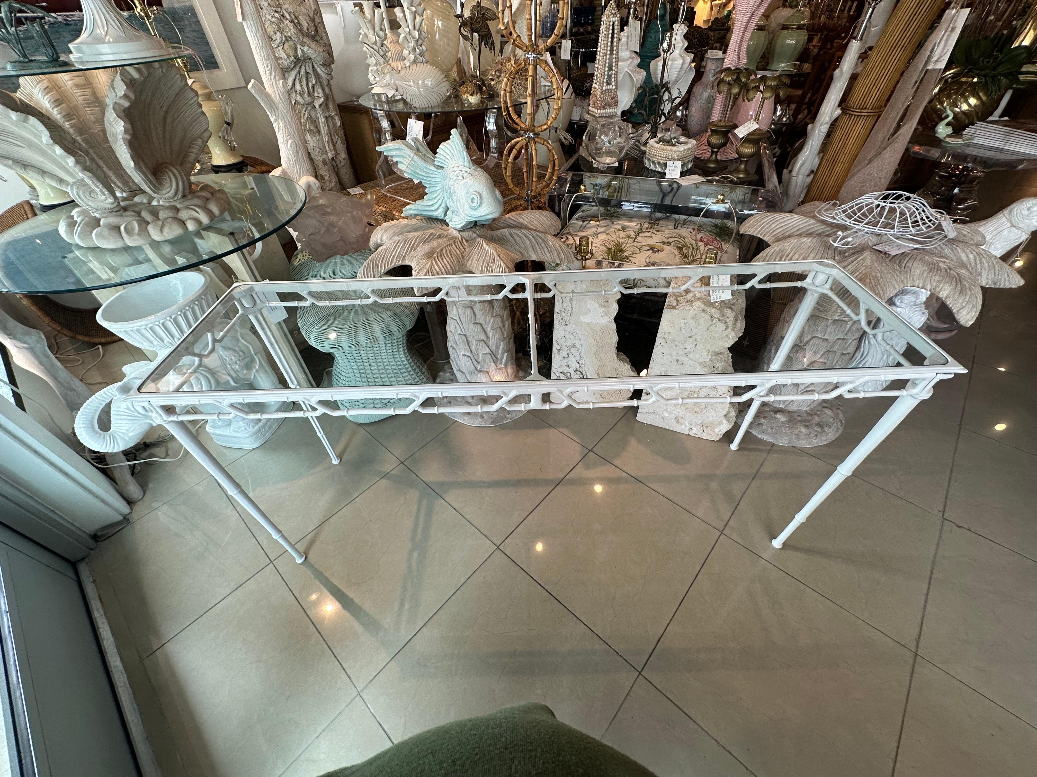 Vintage rare Brown Jordan Calcutta patio outdoor pool console table. Faux bamboo. Newly powder-coated white. New glass top will also be added. This is a super hard piece to come by! Dimensions: 61.25 L x 17.25 D x 29 H. 