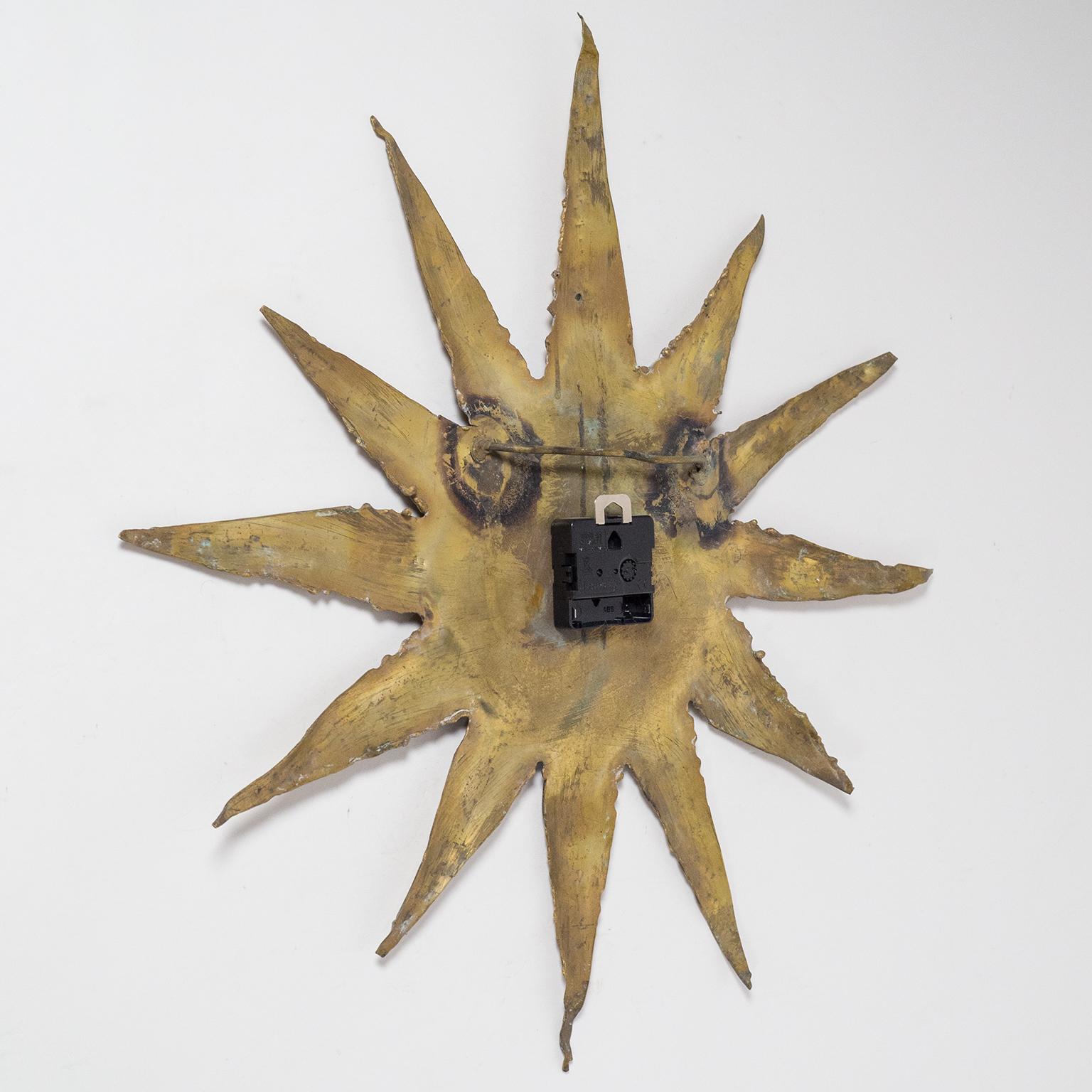 Rare Brutalist Brass Sunburst Wall Clock, 1970s 2