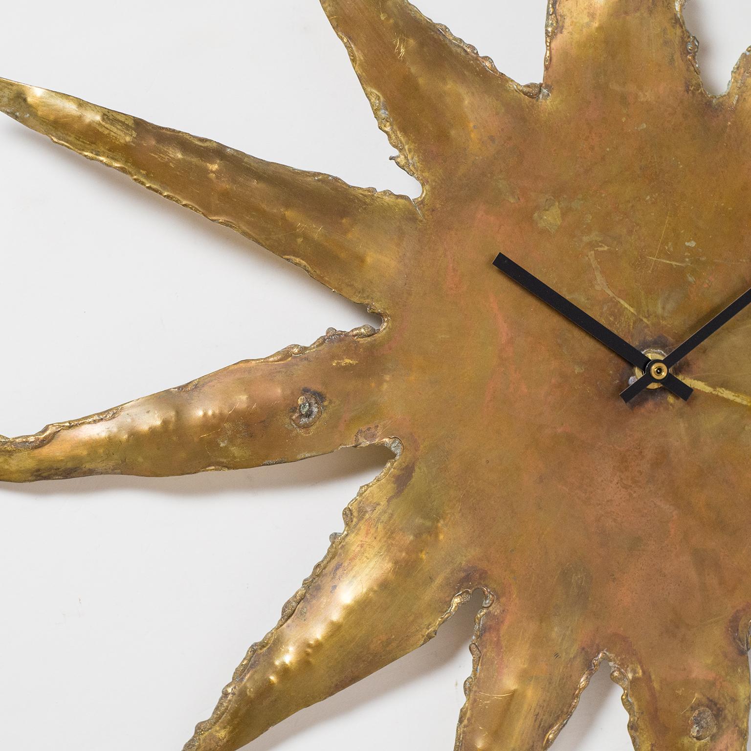 Rare Brutalist Brass Sunburst Wall Clock, 1970s 3