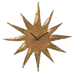 Retro Rare Brutalist Brass Sunburst Wall Clock, 1970s