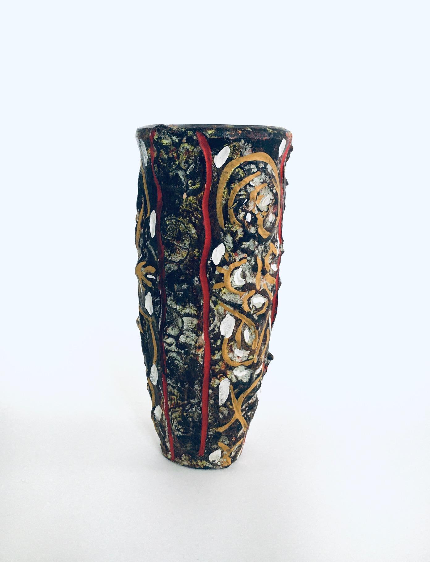 Belgian RARE Brutalist Design Art Pottery Studio Painted Vase, Belgium 1960's For Sale