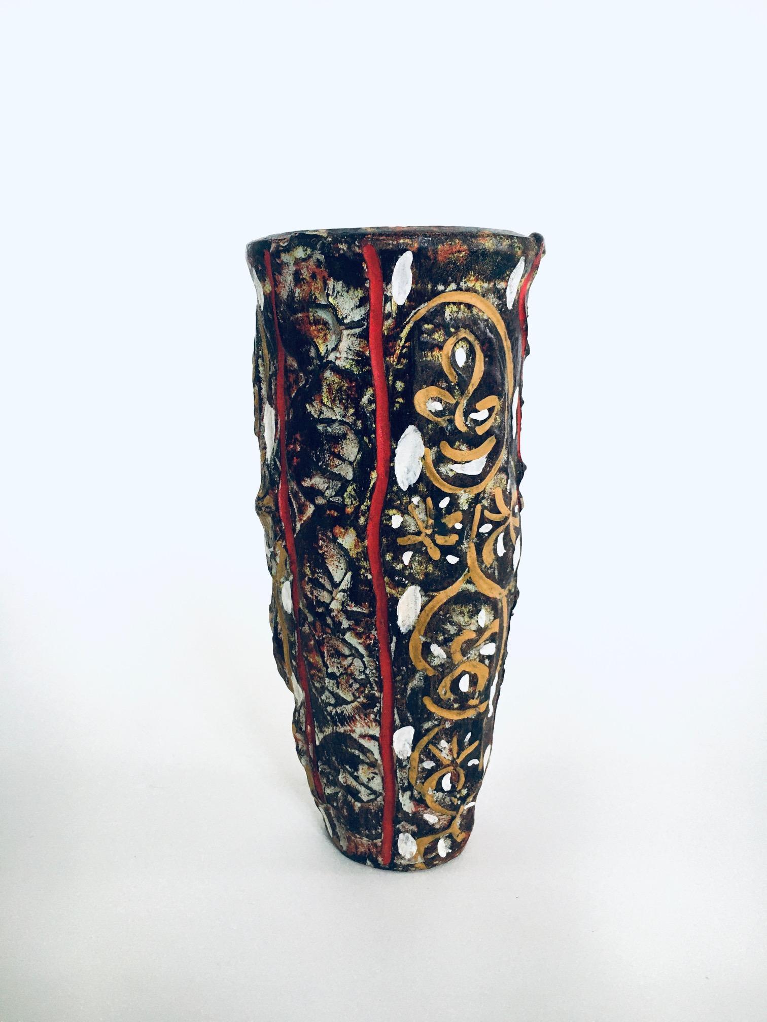 Clay RARE Brutalist Design Art Pottery Studio Painted Vase, Belgium 1960's For Sale