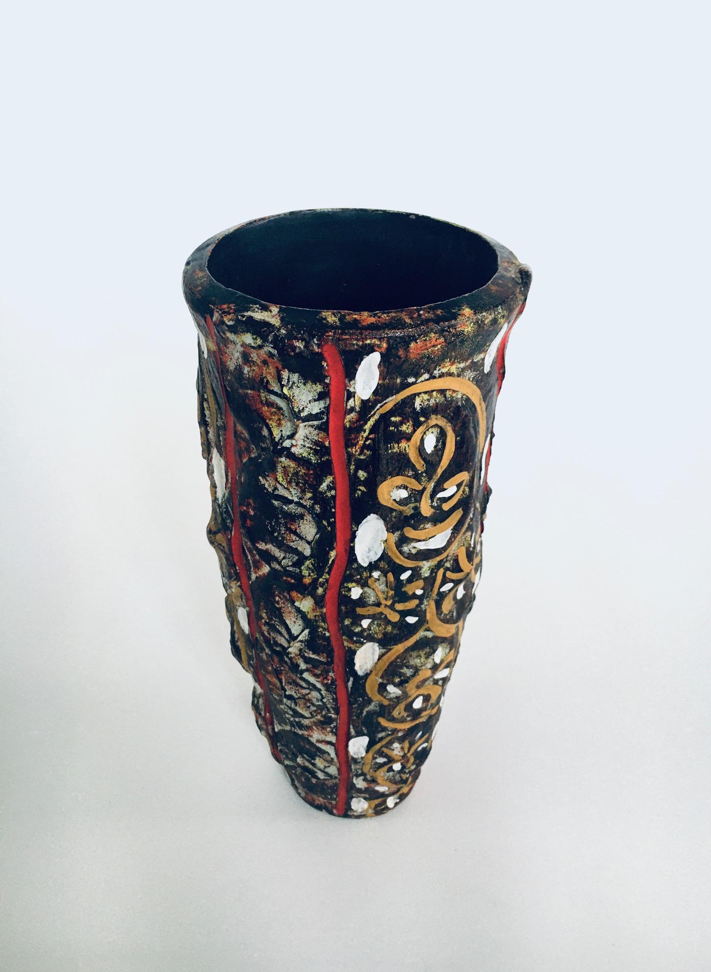 RARE Brutalist Design Art Pottery Studio Painted Vase, Belgium 1960's For Sale 1