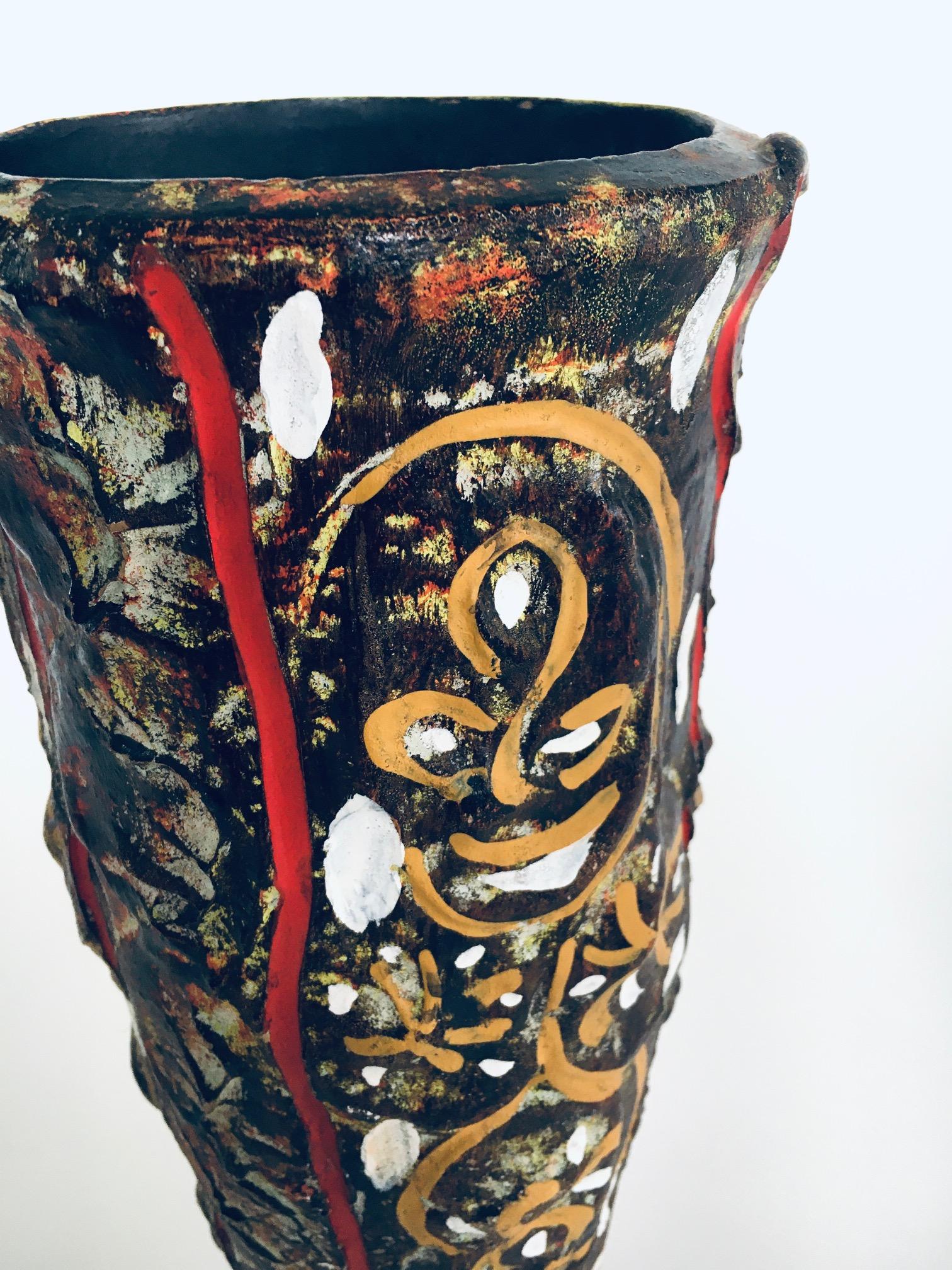 RARE Brutalist Design Art Pottery Studio Painted Vase, Belgium 1960's For Sale 3