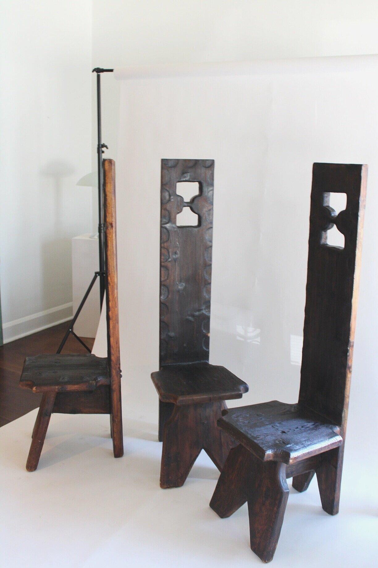 Hand-Carved Rare brutalist gothic high back chairs