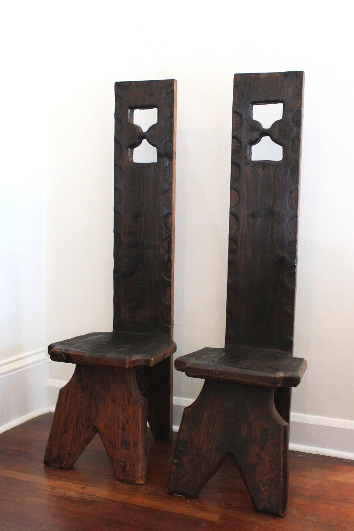 Pine Rare brutalist gothic high back chairs