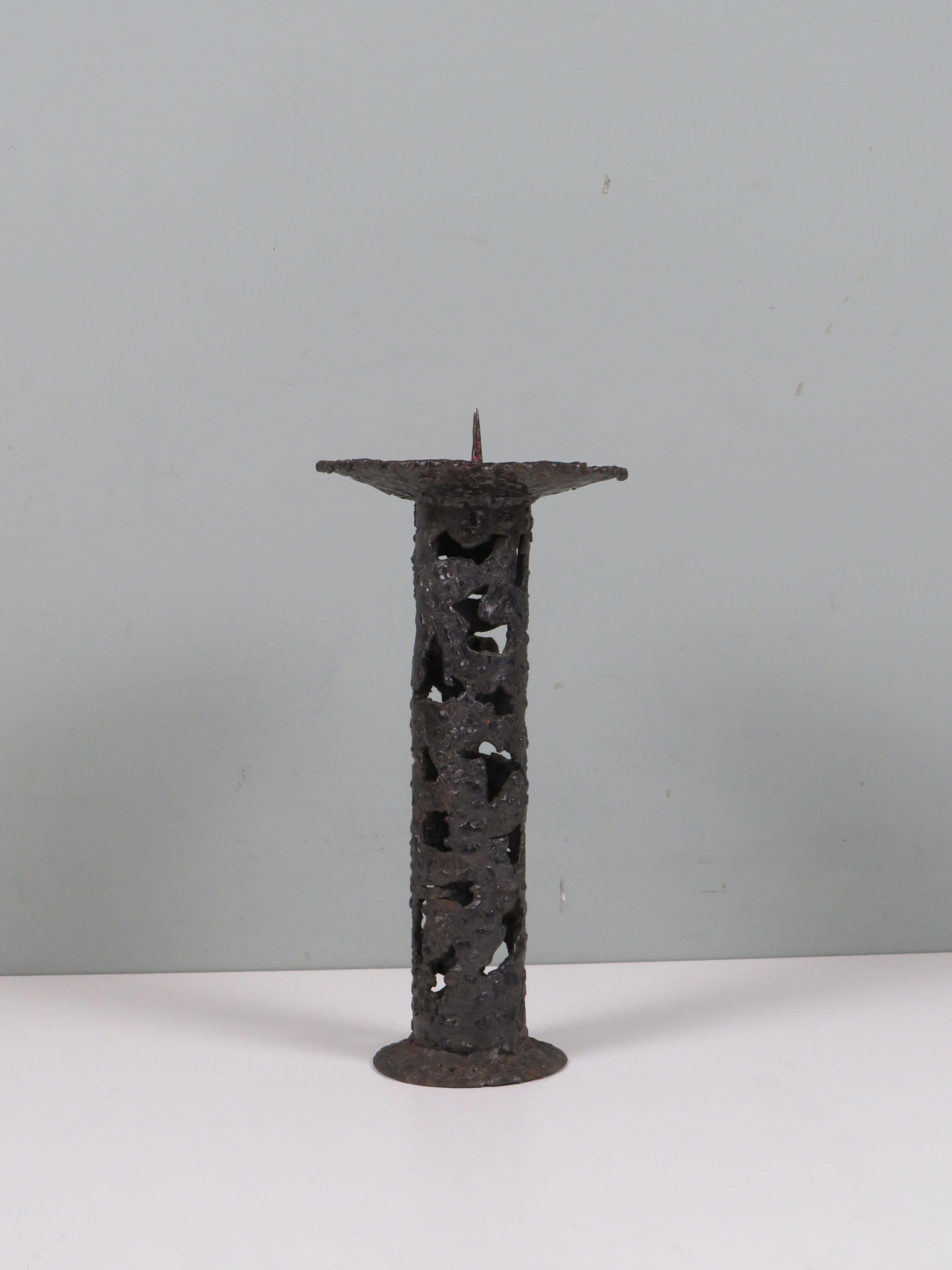 Rare Brutalist Iron Candleholder, Hand-Forged European Design, 1960s For Sale 1