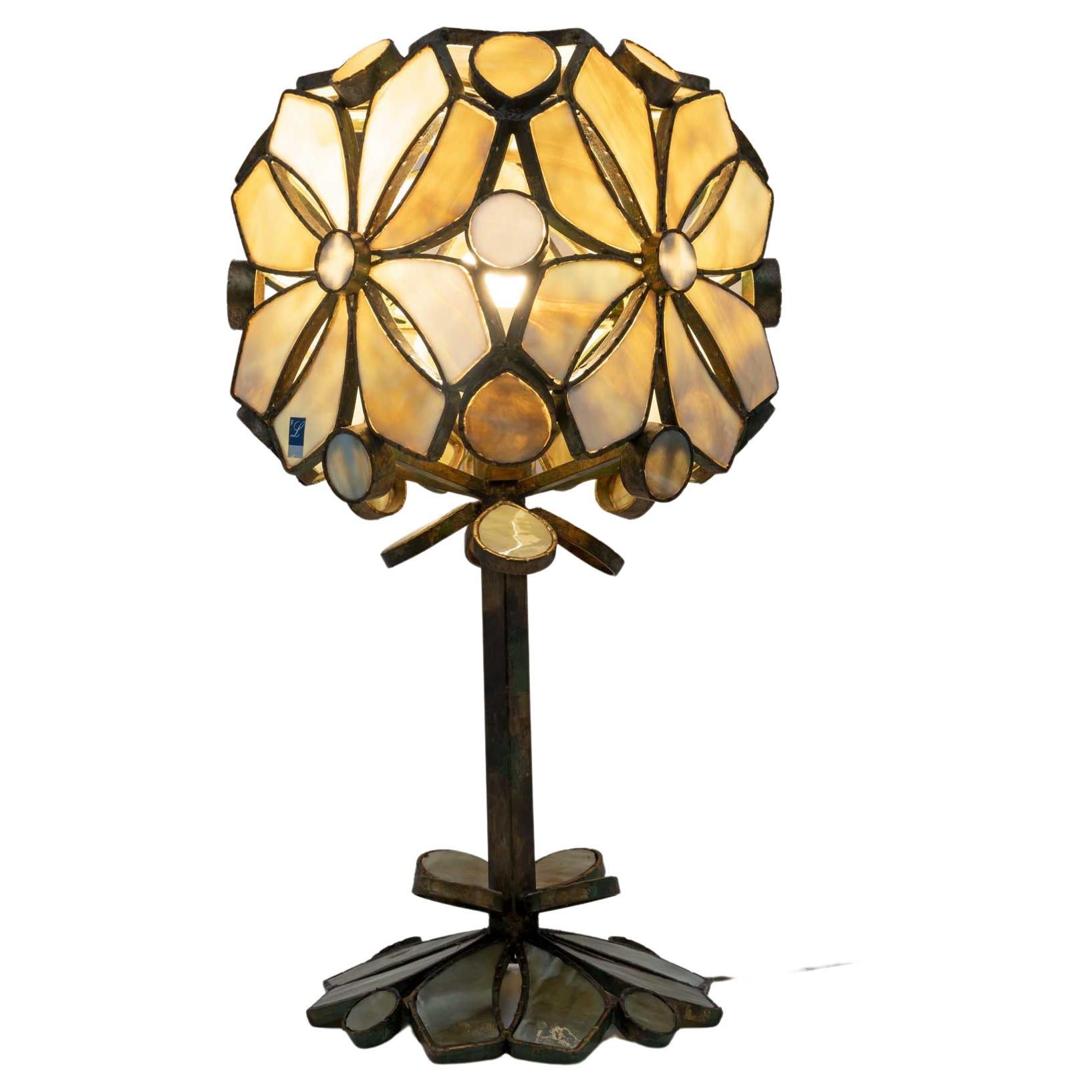 Rare Brutalist Italian Glass Paste and Wrought Iron Table Lamp by Longobard, 70s For Sale