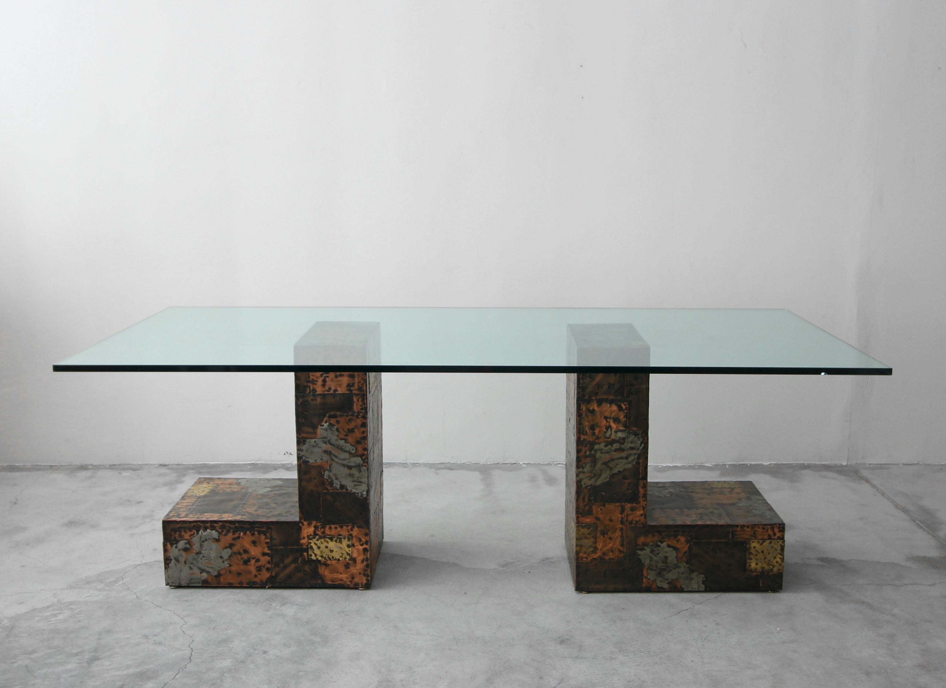 Brass Rare Brutalist Metal Patchwork Pedestal Dining Table by Paul Evans