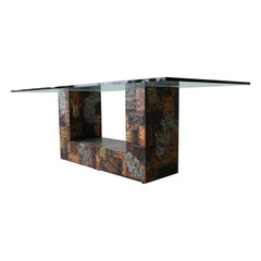 Rare Brutalist Metal Patchwork Pedestal Dining Table by Paul Evans