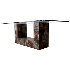 Rare Brutalist Metal Patchwork Pedestal Dining Table by Paul Evans