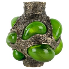 Rare Brutalist Vase in Glass and Silvered Brass Alloy by Marcello Fantoni, 1960s