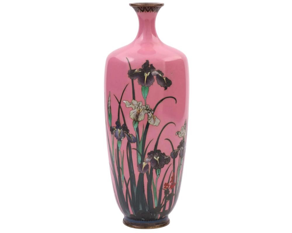 A rare high quality antique Japanese, late Meiji period, enamel over gilt copper vase. The amphora shaped vase has a narrow fluted neck. The ware is enameled with a polychrome image of blossoming Iris flowers on a pink ground made in the Cloisonne