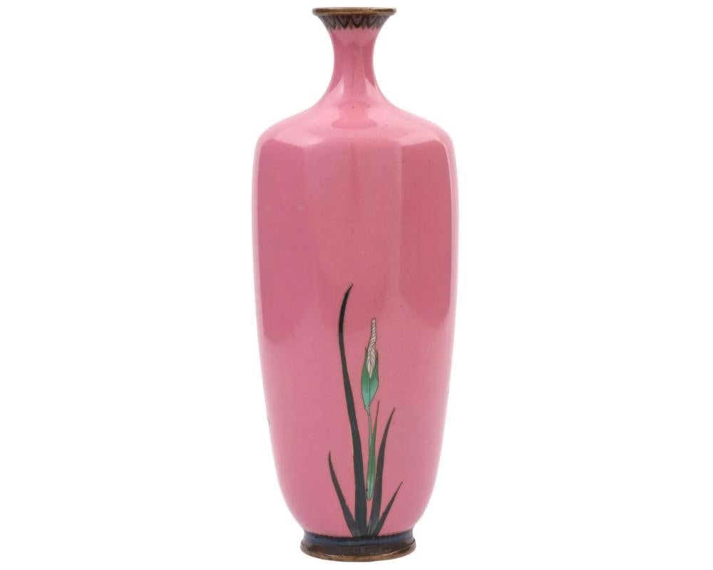 Meiji Rare Bubblegum Pink Silver Wire Japanese Cloisonne Enamel Iris Flower Vase For Sale