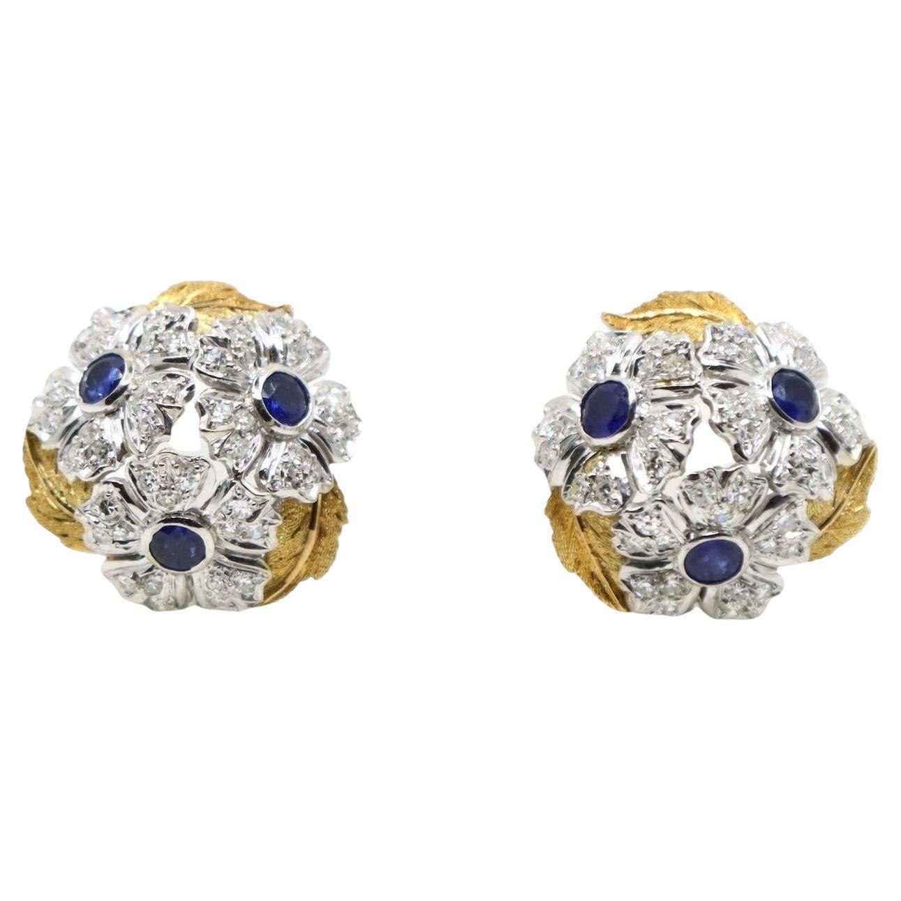 Rare Buccellati 18K Gold 
Platinum Sapphire Diamond Flower Set Earrings in vendita
