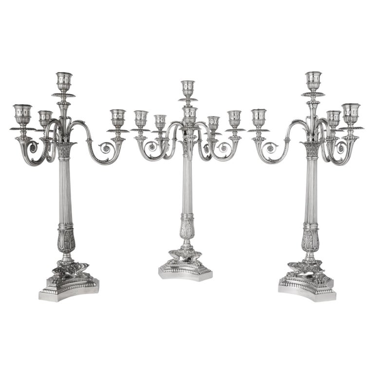 Rare Buccellati Set of 3 Monumental Italian Silver Candelabra For Sale
