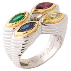 Vintage Rare Bulgari Platinum, Gold, Mulit-Gem and Yellow Diamond Ring