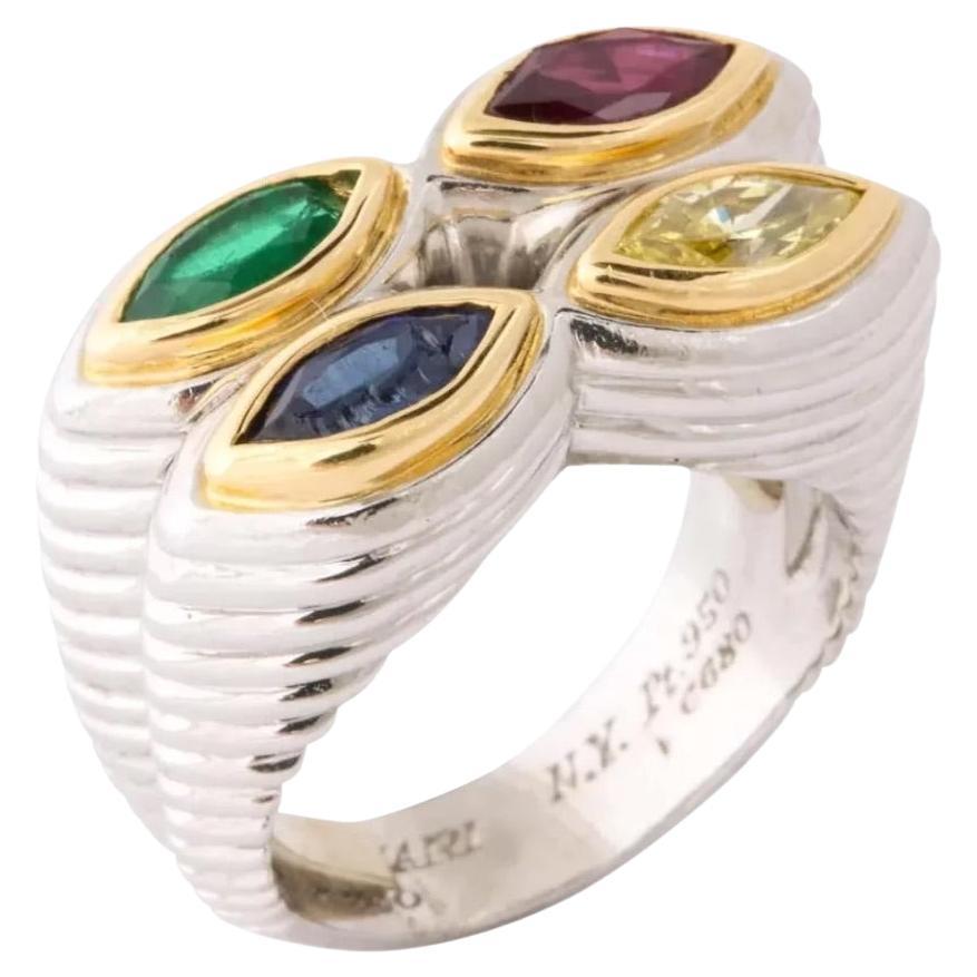 Rare Bulgari Platinum, Gold, Mulit-Gem and Yellow Diamond Ring For Sale