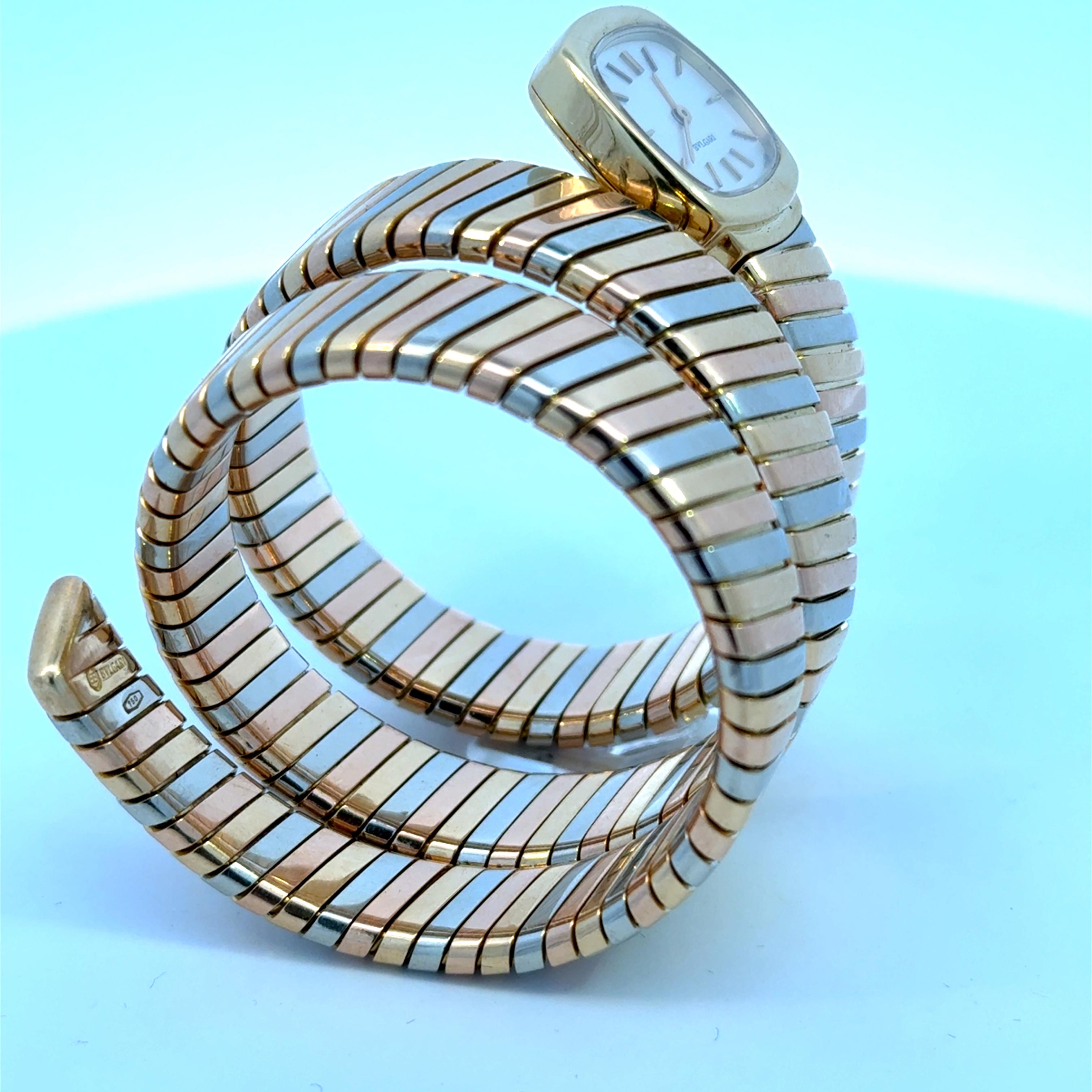 Women's or Men's Rare Bulgari Three Colour 18 Karat Gold Tubogas Serpenti bracelet watch 1970's
