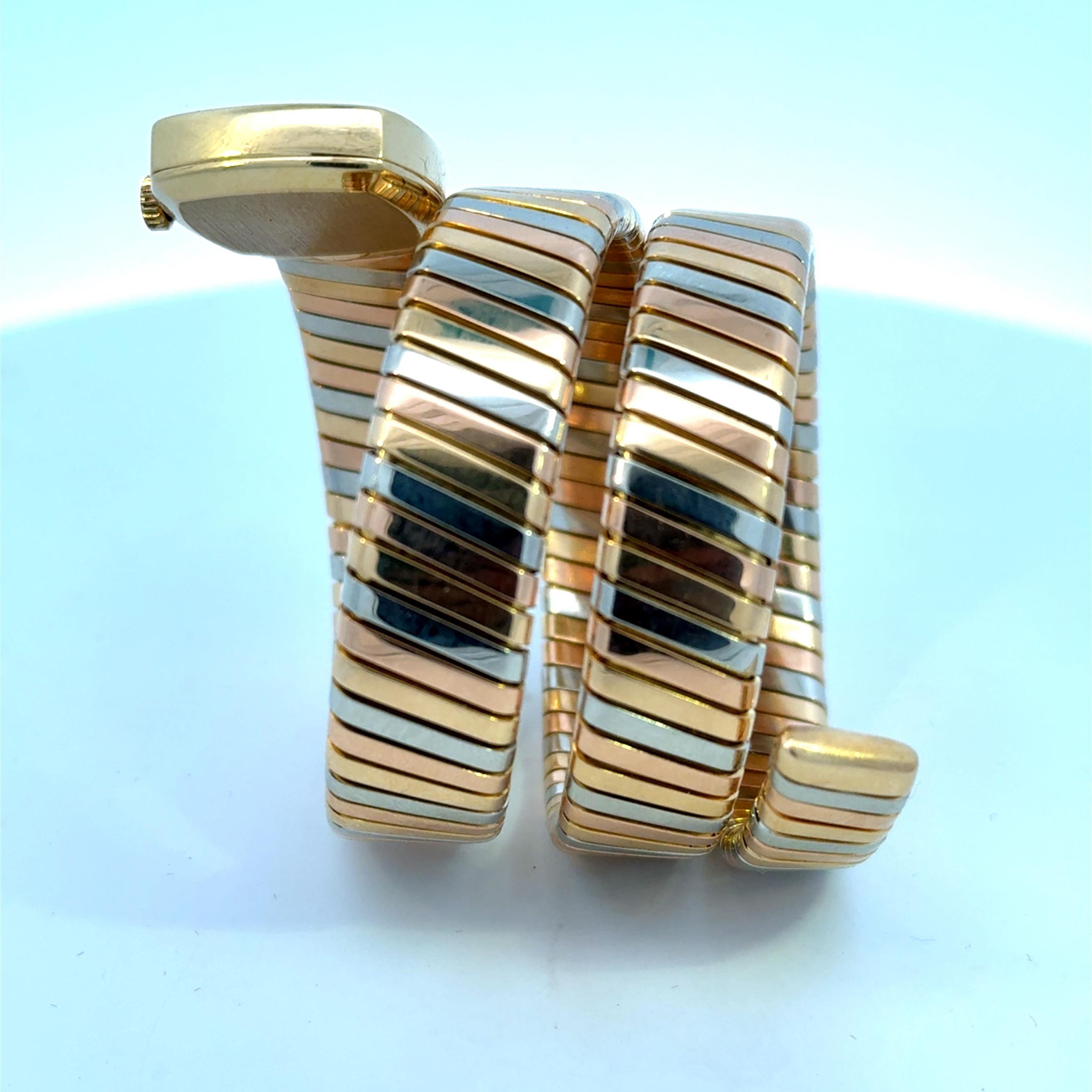 Rare Bulgari Three Colour 18 Karat Gold Tubogas Serpenti bracelet watch 1970's 1